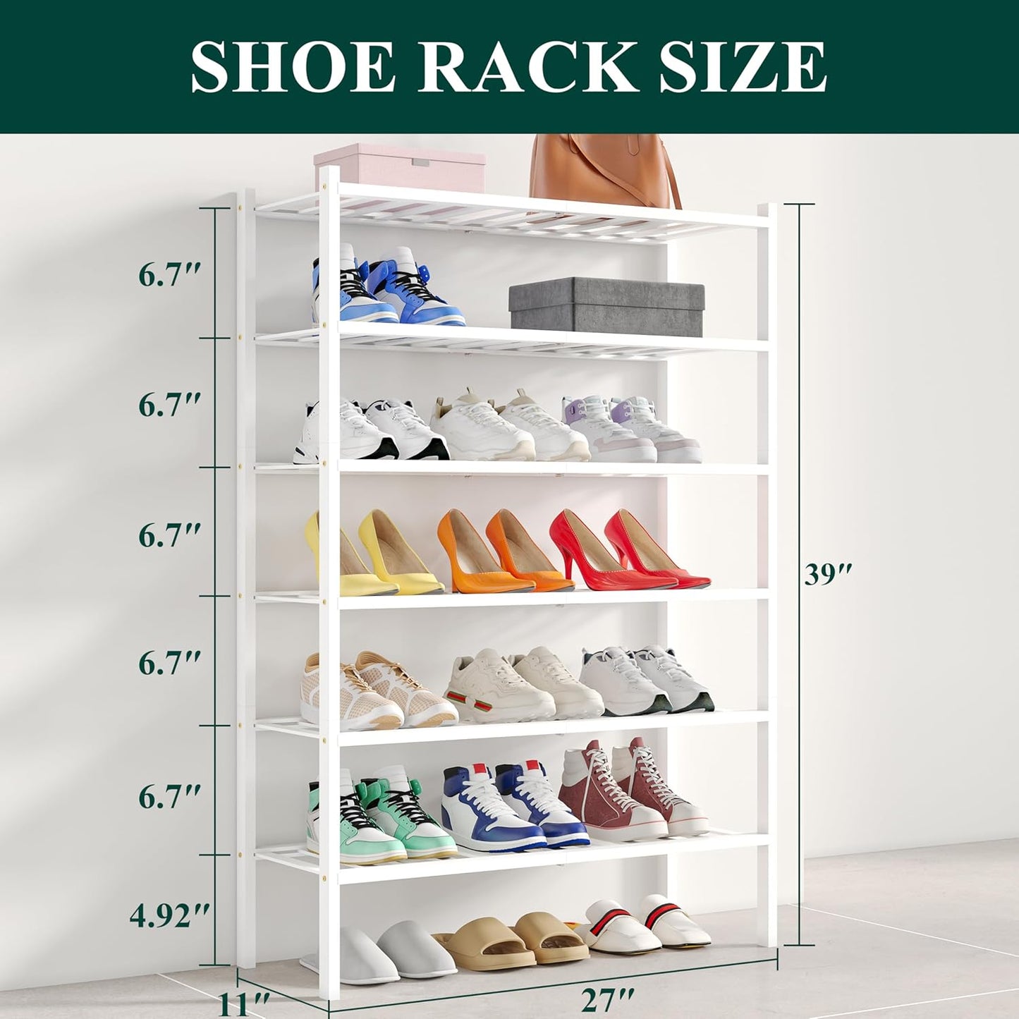 Smiry Shoe Rack, 6 Tier Bamboo Shoe Organizer, Stackable Free Standing Wooden Shoe Storage Shelf for Closet, Entryway, Front Door Entrance, White