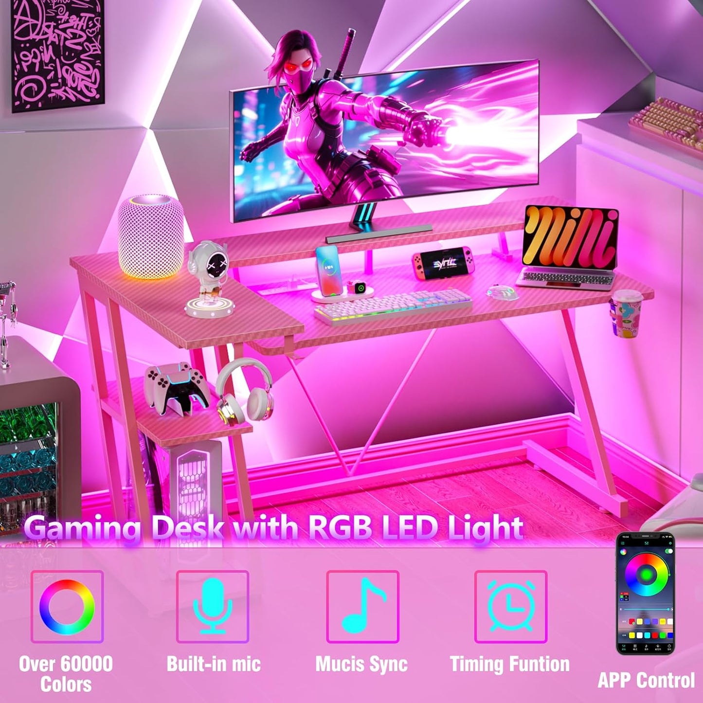 55 Inch Pink Gaming Desk with Power Outlet & LED Lights, Corner Computer Desk with 3 Tiers Storage Shelves, L Shaped Gaming Desk with Monitor Stand for Bedroom
