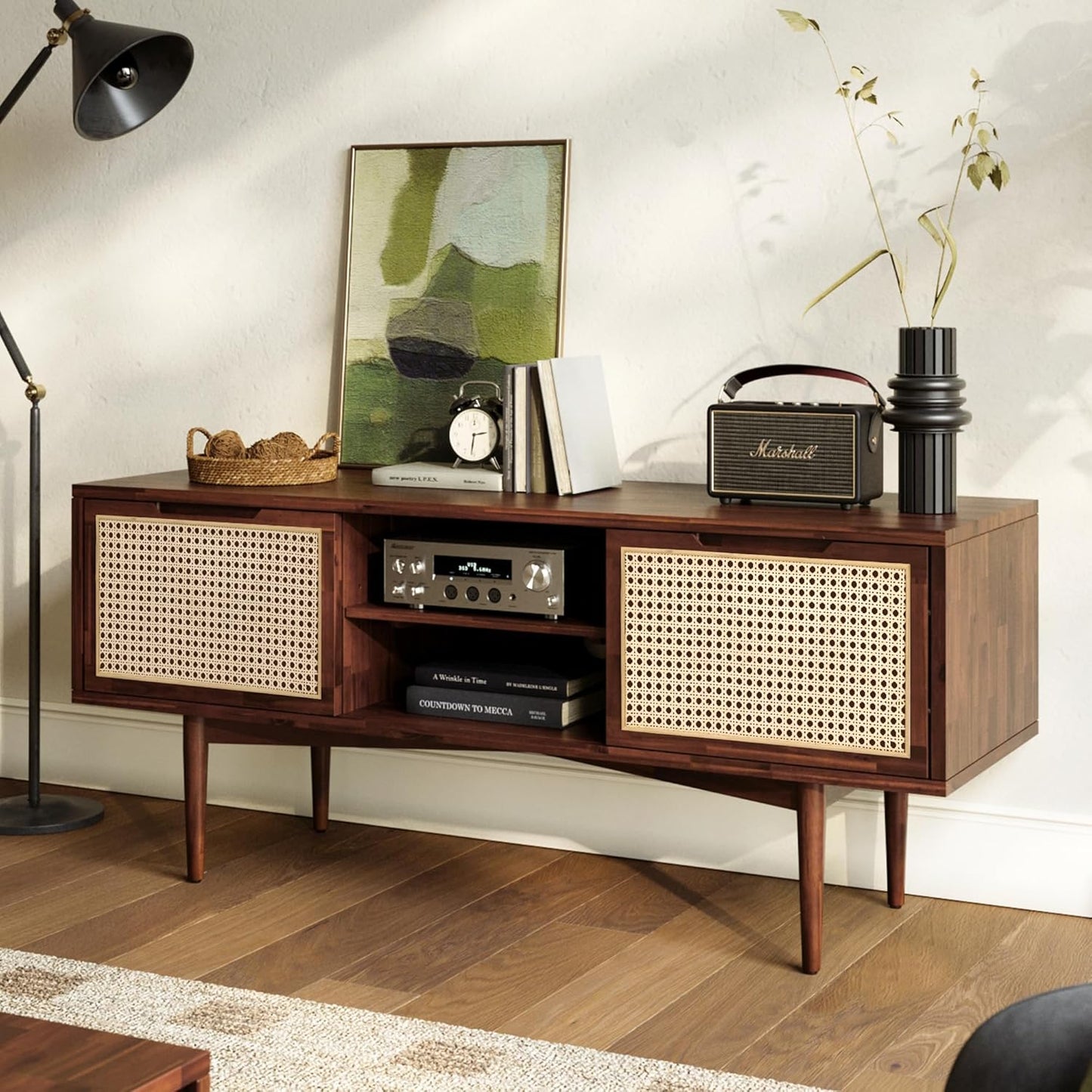 Bme Oliver TV Stand for TVs up to 55", Mid-Century Solid Wood TV Console with Natural Rattan Door, Media TV Console, Entertainment Center with Storage, Fluted Media Cabinet for Living Room, Walnut