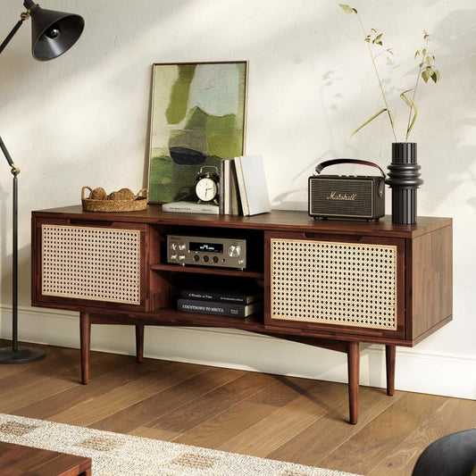 Bme Oliver TV Stand for TVs up to 55", Mid-Century Solid Wood TV Console with Natural Rattan Door, Media TV Console, Entertainment Center with Storage, Fluted Media Cabinet for Living Room, Walnut