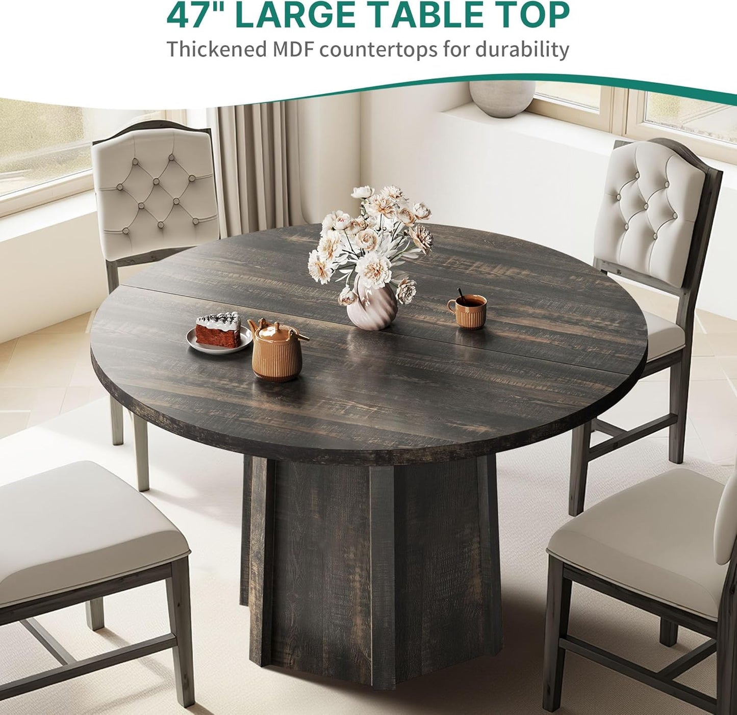 DWVO 47" Round Dining Table for 4-6 People Farmhouse Industrial Dinning Room Table with 1.18" Thickness Wood Grain Tabletop Rustic Circle Dining Table with Hexagonal Base for Eating Dinner Grey