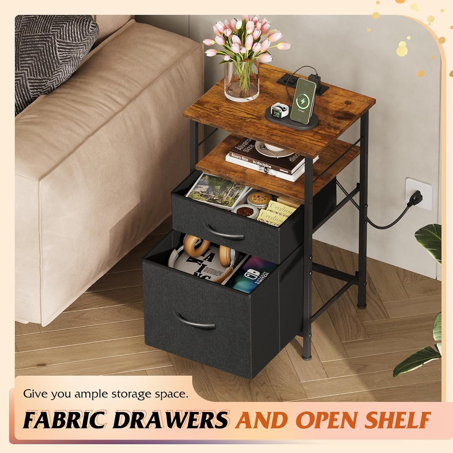 WLIVE Nightstands Set of 2, Night Stand Set 2 with Charging Station, Bedside Tables for Bedroom, Side Table with 2 Fabric Drawers, Small Dresser, USB Ports and Outlets, Black and Rustic Brown