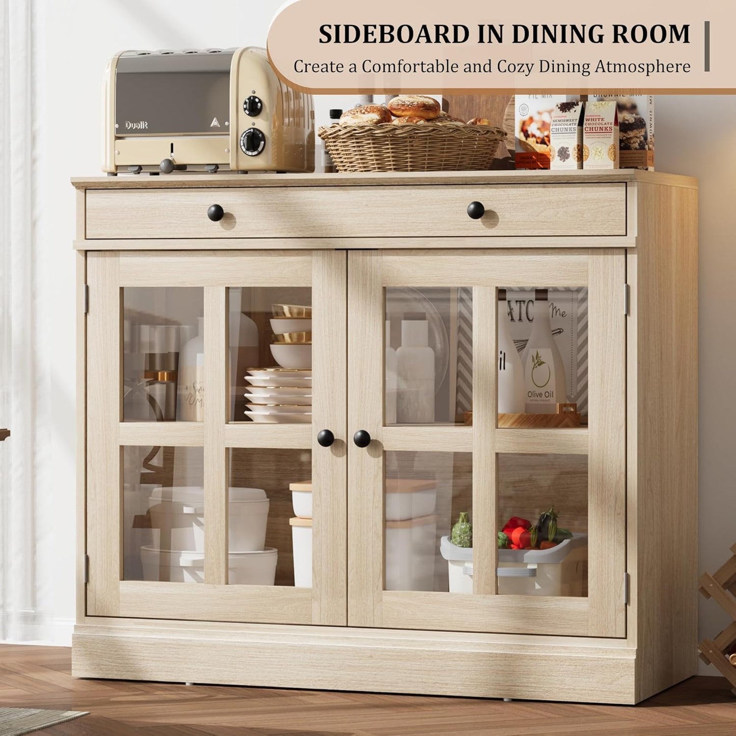 GarveeHome 35.4" Sideboard Buffet Cabinets with Glass Door, Buffet Cabinet with Storage, Oak Sideboard Cabinet with Drawer, Modern Buffets & Sideboards for Dining Room, Kitchen