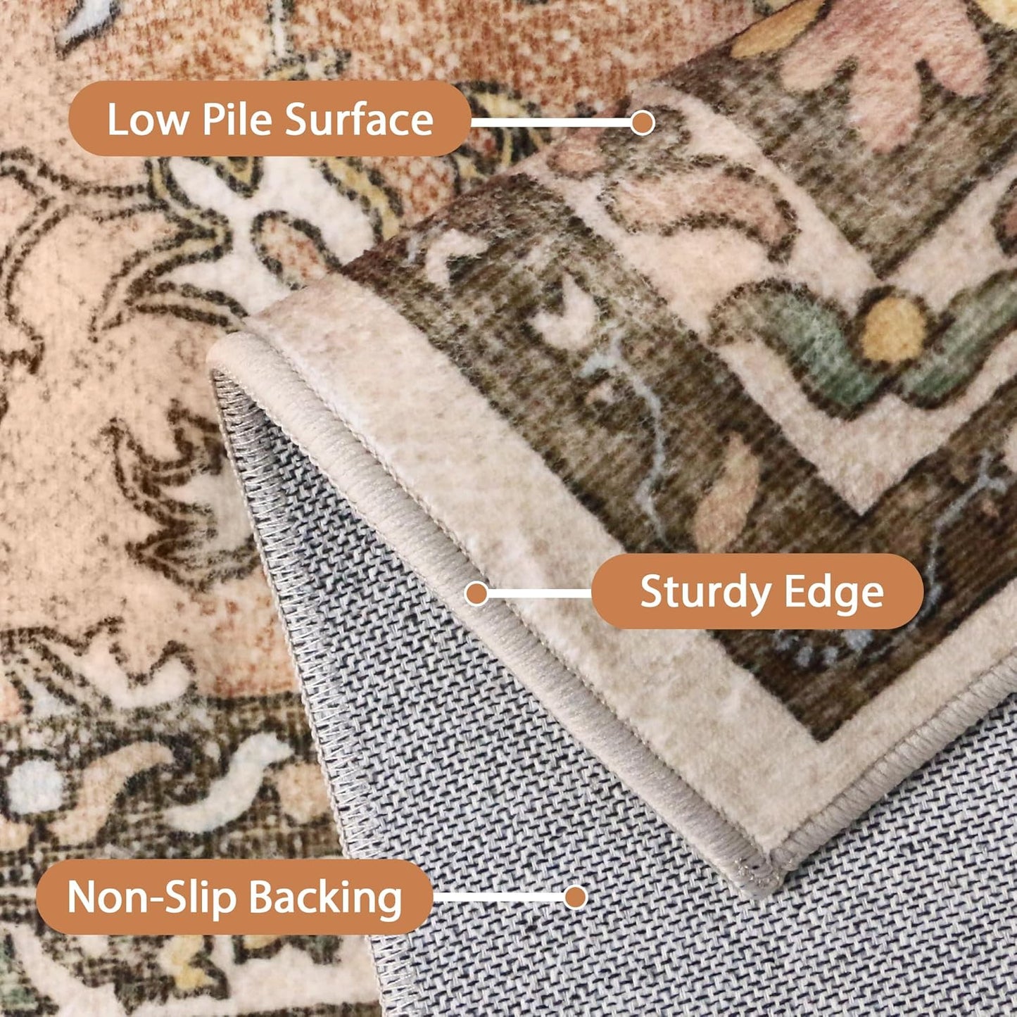 10X12 Area Rugs Machine Washable Rugs for Living Room, Vintage Boho Large Rugs for Bedroom Dining Room, Non Slip Indoor Soft Distressed Lightweight Thin Low Pile Carpet, Chestnut