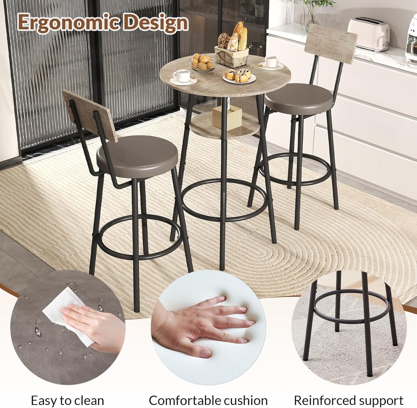 3 Pieces Round Bar Table and Chairs Set, Small Dining Table for 2, Kitchen Bar Table, Breakfast Table with Storage, 2 Thickened Cushion Stools with Backrest for Dining Room & Bistro-Grey