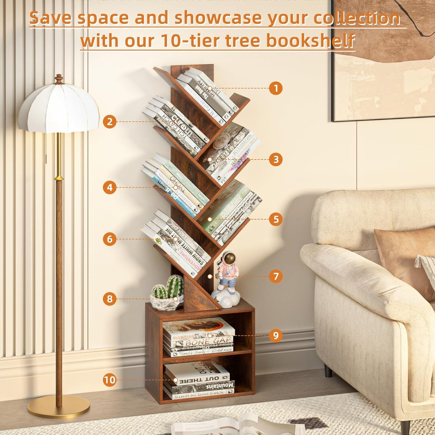 10 Tier Tree Bookshelf,Floor Standing Wood Tall Bookcase for Narrow Space, Storage Organizer Bookshelves for Books, Book Case for CDs/Movies/Books,Home Office,Living Room, Bedroom