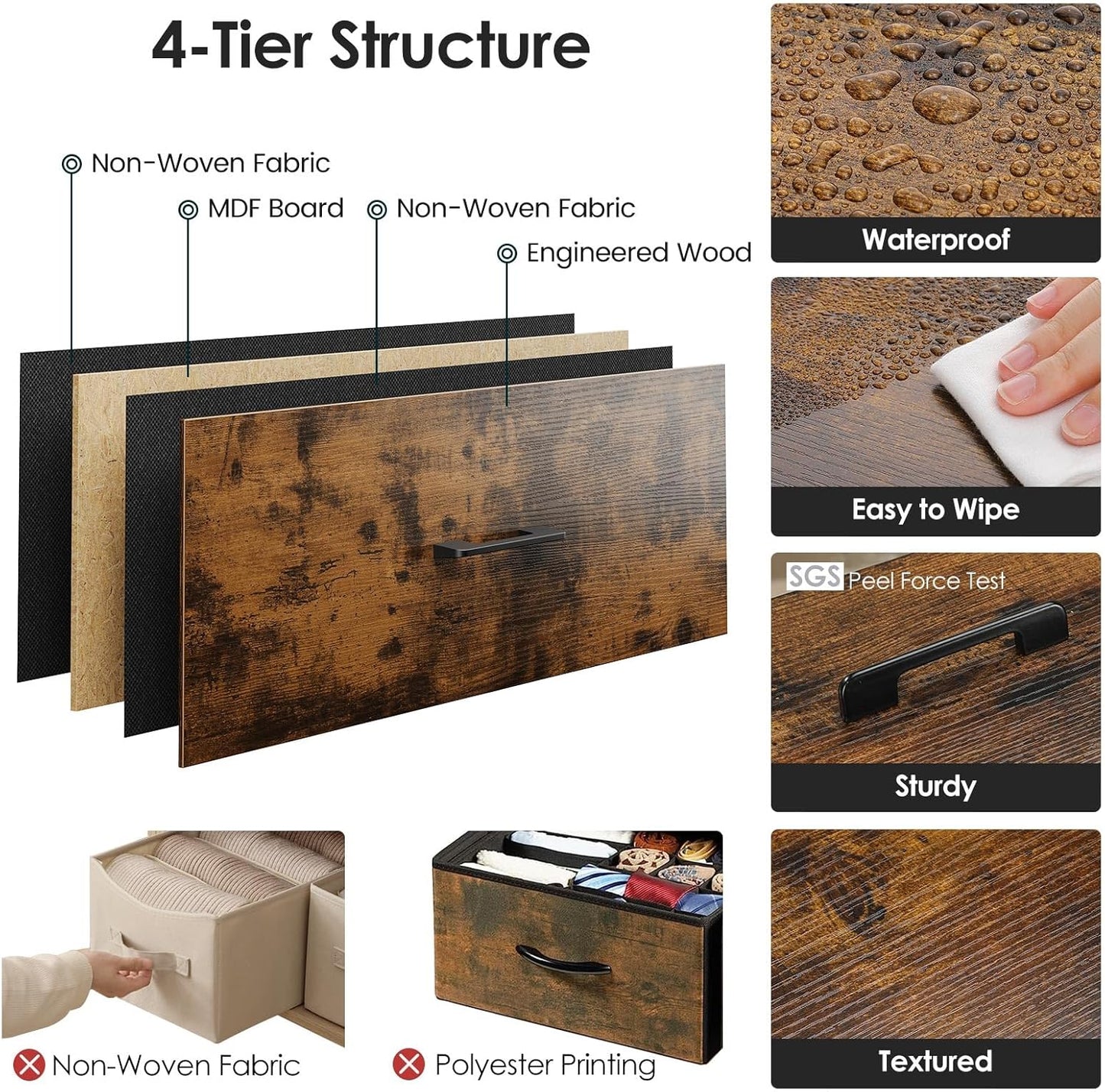 Nightstand, End Table, Bedside Table, Small Tall Dresser for Bedroom with 3 Storage Drawer, Chest of Drawers Fabric Dressers with Steel Frame, Wooden Top & Front for Living Room