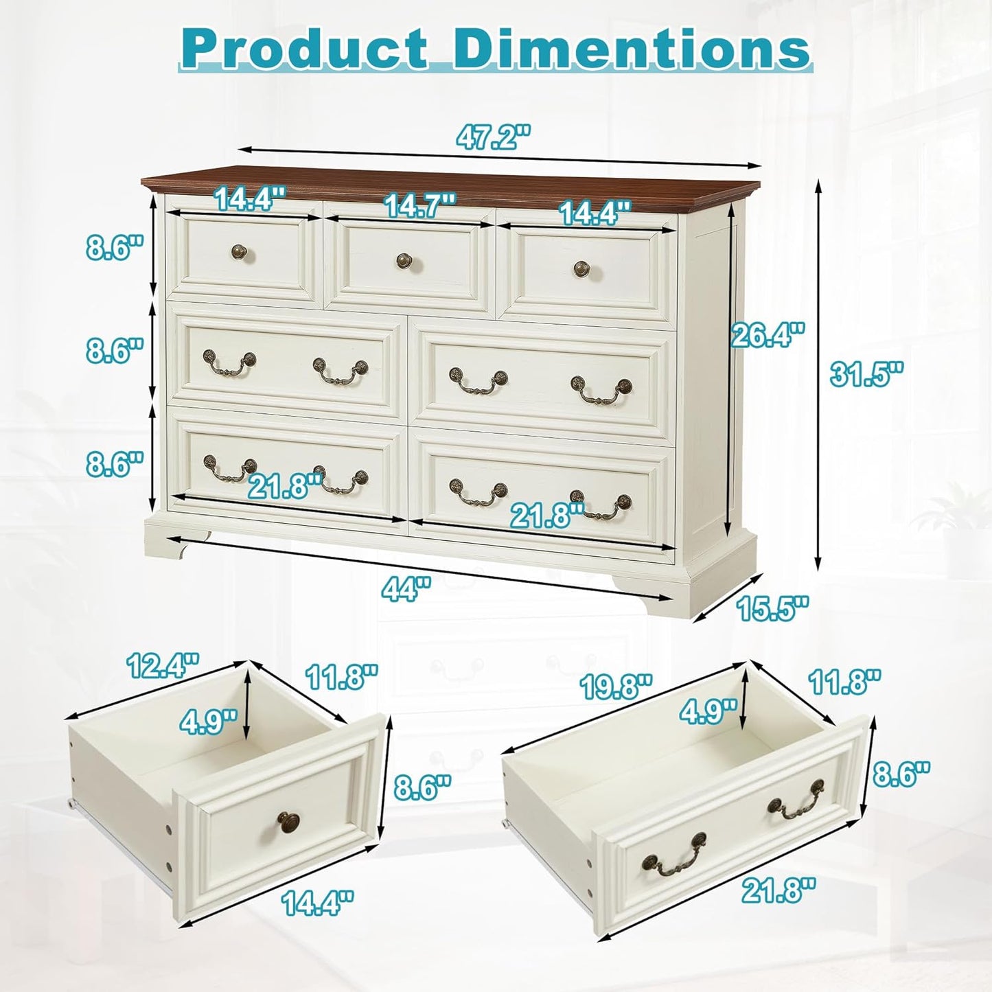 47.2" Farmhouse Sideboard Buffet Cabinet with Storage, Kitchen Buffet Storage Cabinet with 7 Drawers, Modern Wood Accent Sideboard for Living Room, Kitchen, Hallway(Antique Brown+White)