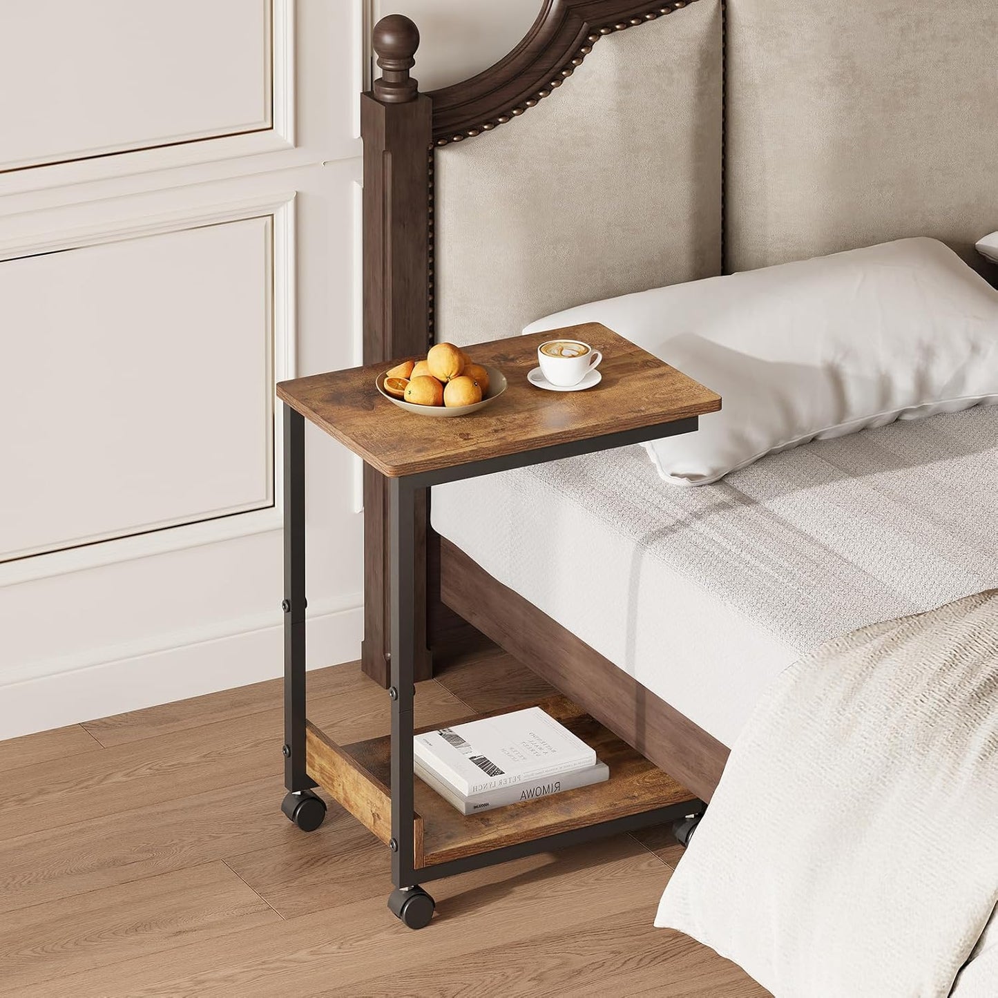 Side Table,C Table with 2-Tier Storage Shelf, End Table TV Tray with Metal Frame, Sofa Table with Wheels for Living Room, Bedroom, Office, Bathroom, Easy Assembly, Brown
