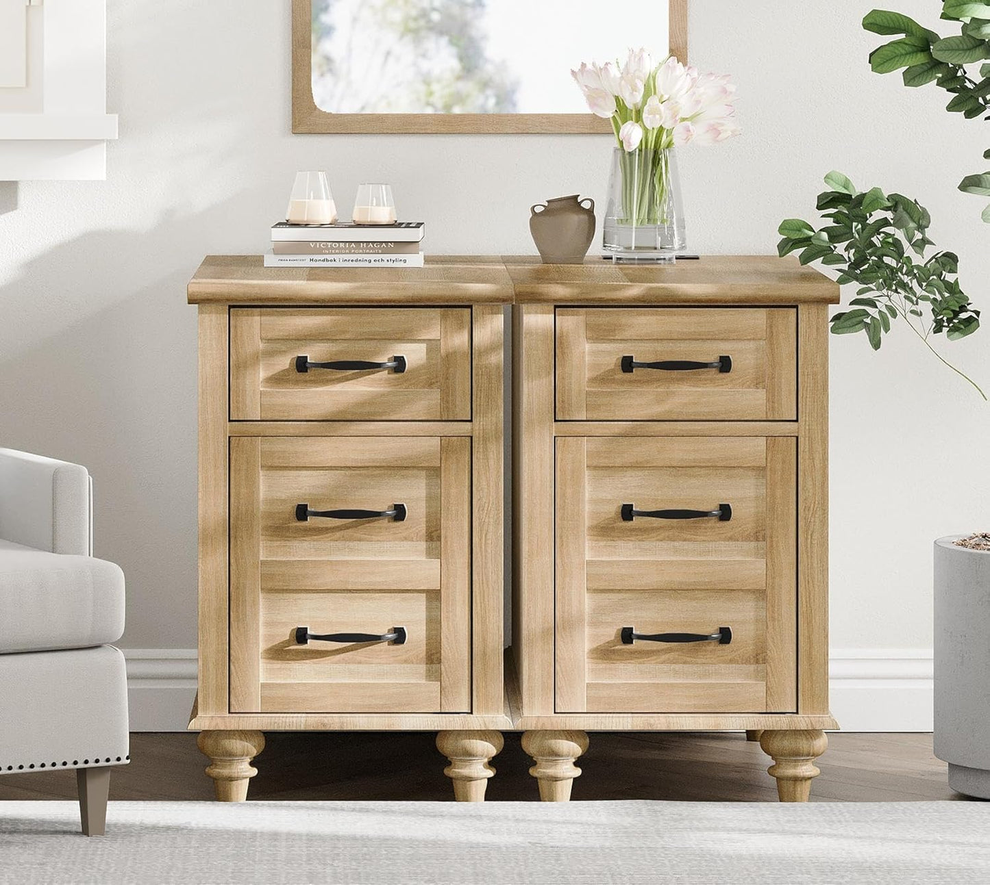 WAMPAT Set of 2 End Tables with Charging Station, Wooden Side Table with Drawer & Storage Cabinet, Farmhouse Nightstands with Power outlets USB Ports for Living Room & Bedroom, Oak