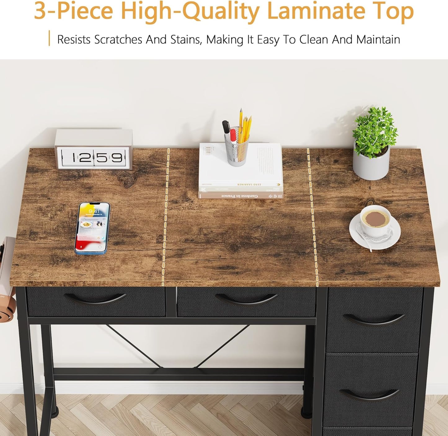 Small Desk with 5 Fabric Drawers, 33 Inch Computer Desk for Home Office, Simple PC Desks for Small Places, Kids Girls Teen Wrting Table Study Table for Bedroom Dorm, Rustic Brown