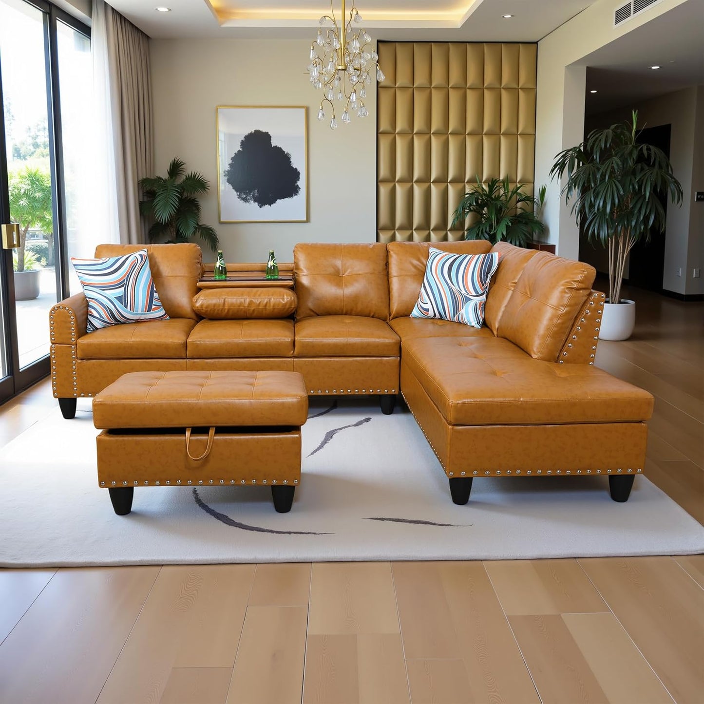 97.5" Oversized Sectional Couch, L Shaped Couch with Storage Ottoman, Modern Modular Sofa with Deep Seat, Sectional Couches for Living Room and Office, Ginger (PU Leather)