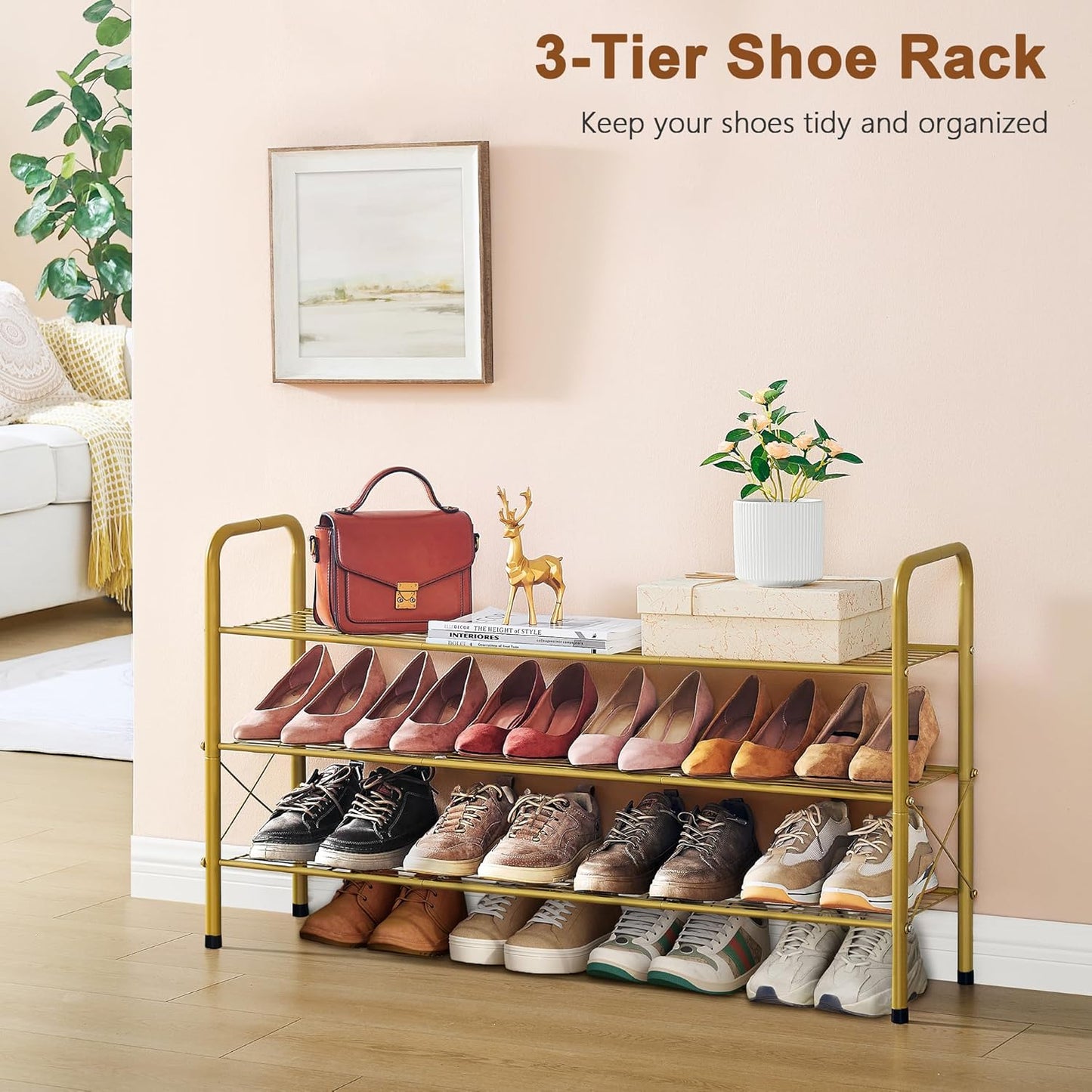Hoctieon 3 Tier Mesh Style Shoe Rack, Entryway Shoe Shelf, Shoe Storage Organizer, Shoe Rack for Closet, Space Save for Bathroom, Garage, Hallway, Bedroom, Living Room, Gold