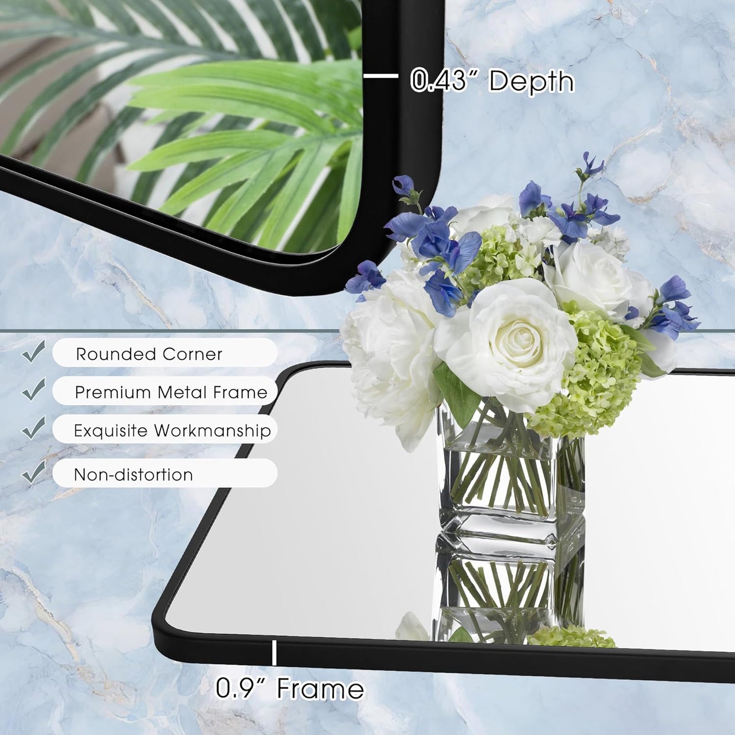 30x30 Inch Rectangle Bathroom Mirror with Black Metal Frame, Rounded Corner Rectangular Vanity Mirror for Wall, Modern Large for Bedroom, Living Room, Horizontal or Vertical