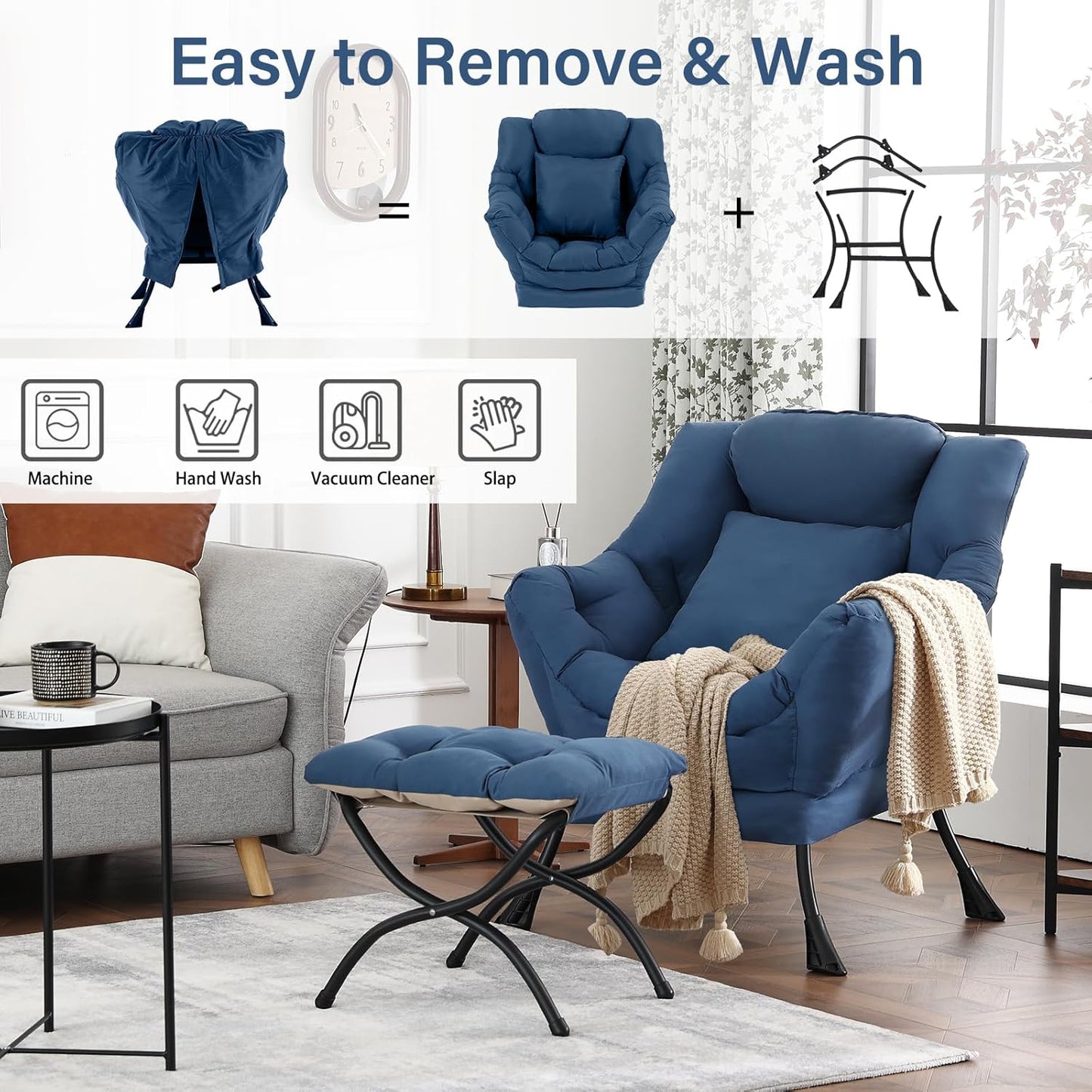 Lazy Chair with Ottoman, Reading Chair with a Pillow, Leisure Sofa Armchair with Ottoman, Large Accent Lounge Chair for Bedroom, Living Room, Dorm Room, Peach Royal Blue