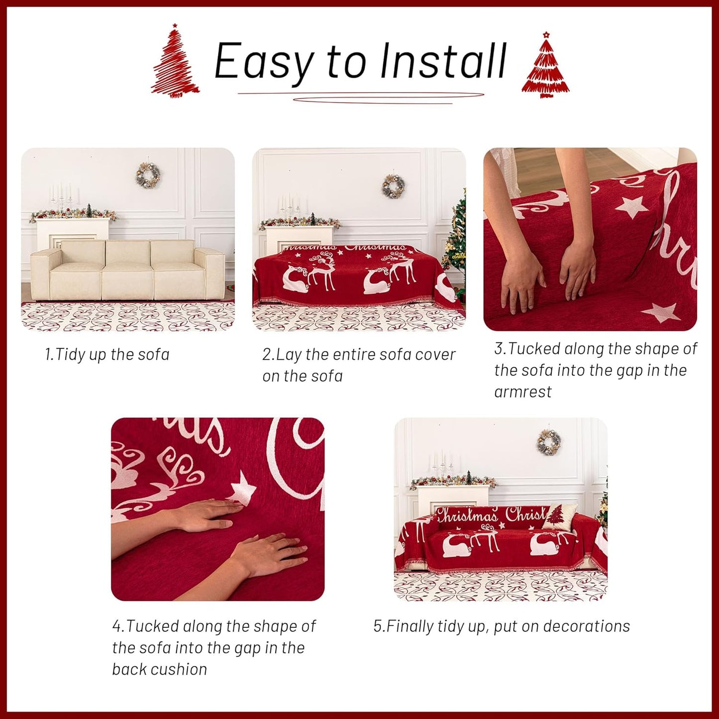 MYSKY HOME Christmas Couch Cover Sofa Cover, Couch Covers for 3 Cushion Couch Sofa Pet Friendly, L Shaped Couch Cover, Sectional Couch Covers Non Slip Furniture Protector for Kids, Dogs, 71"x134", Red