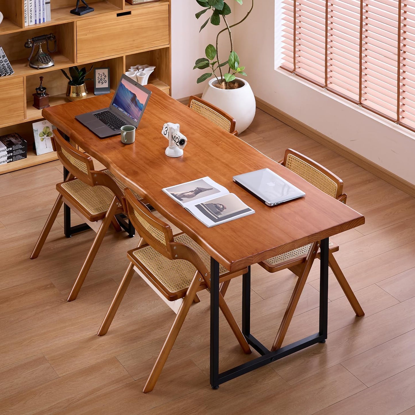 Solid Wood Administrative Desk, Dining Table with Durable Metal Legs, Uniquely Designed Leisure Table, Perfect for Restaurants and Home Offices, (Wood Brown, 70.87in)