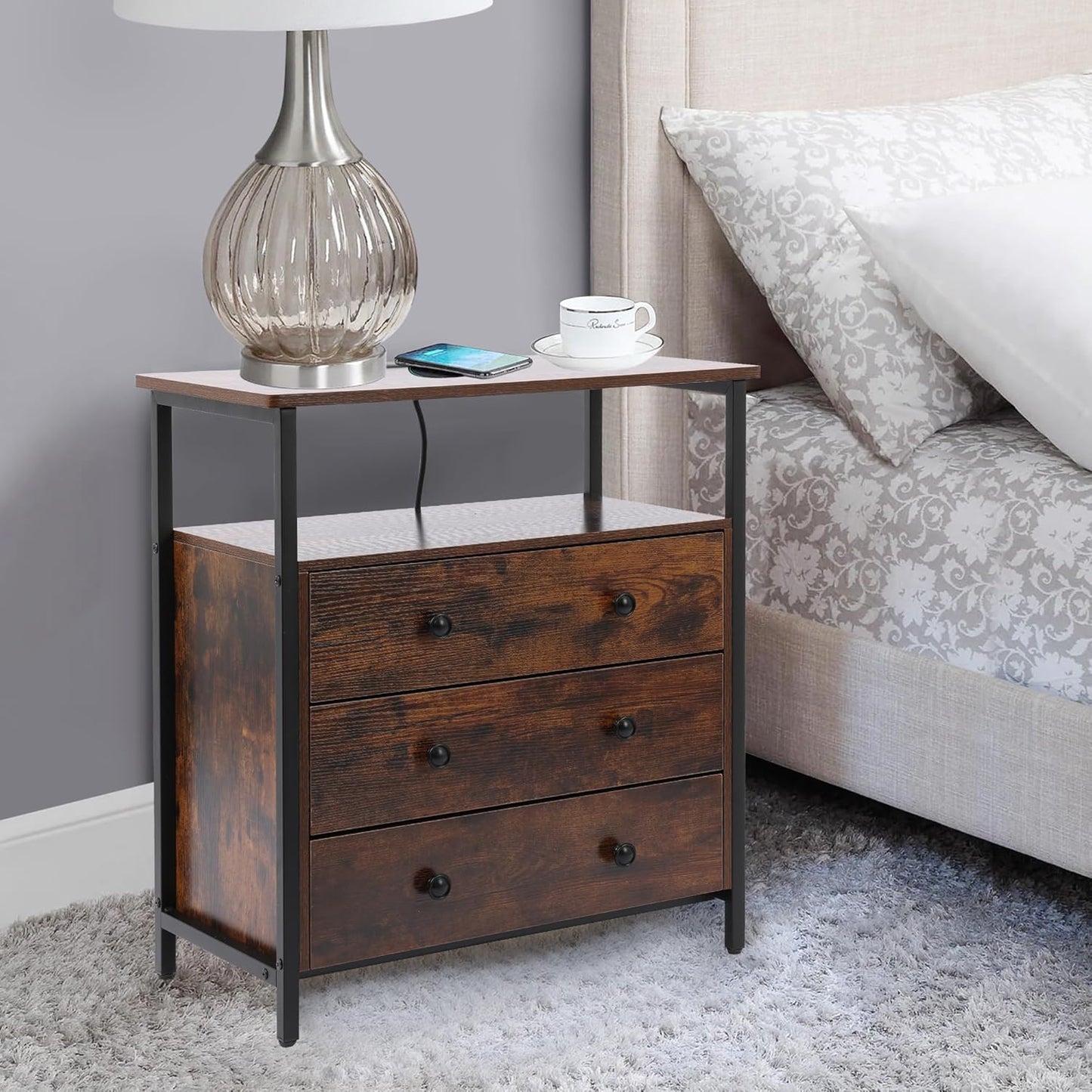 3 Wooden Drawers Night Stand, 27 Inch Wide Nightstand with Charging Station and Adjustable Drawers, Bedside Table for Living Room/Bedroom/Office, Retro Brown.