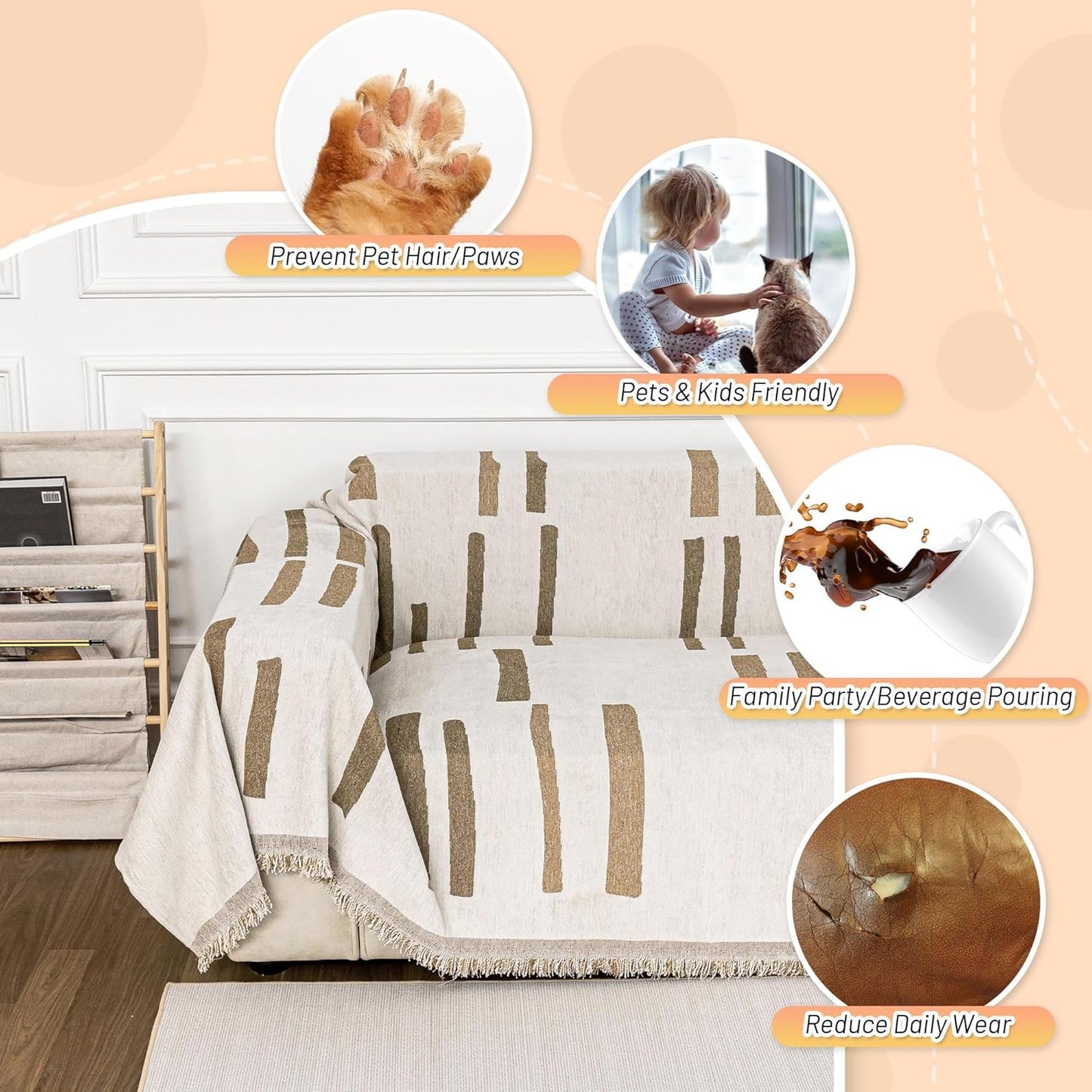 MYSKY HOME Sofa Covers for Sectional Sofa, Couch Cover for Dogs, Couch Covers with Tassel Loveseat Covers Futon Cover L Shaped Cover Washable Chenille Couch Protector, 71" x 102", Khaki Piano Key