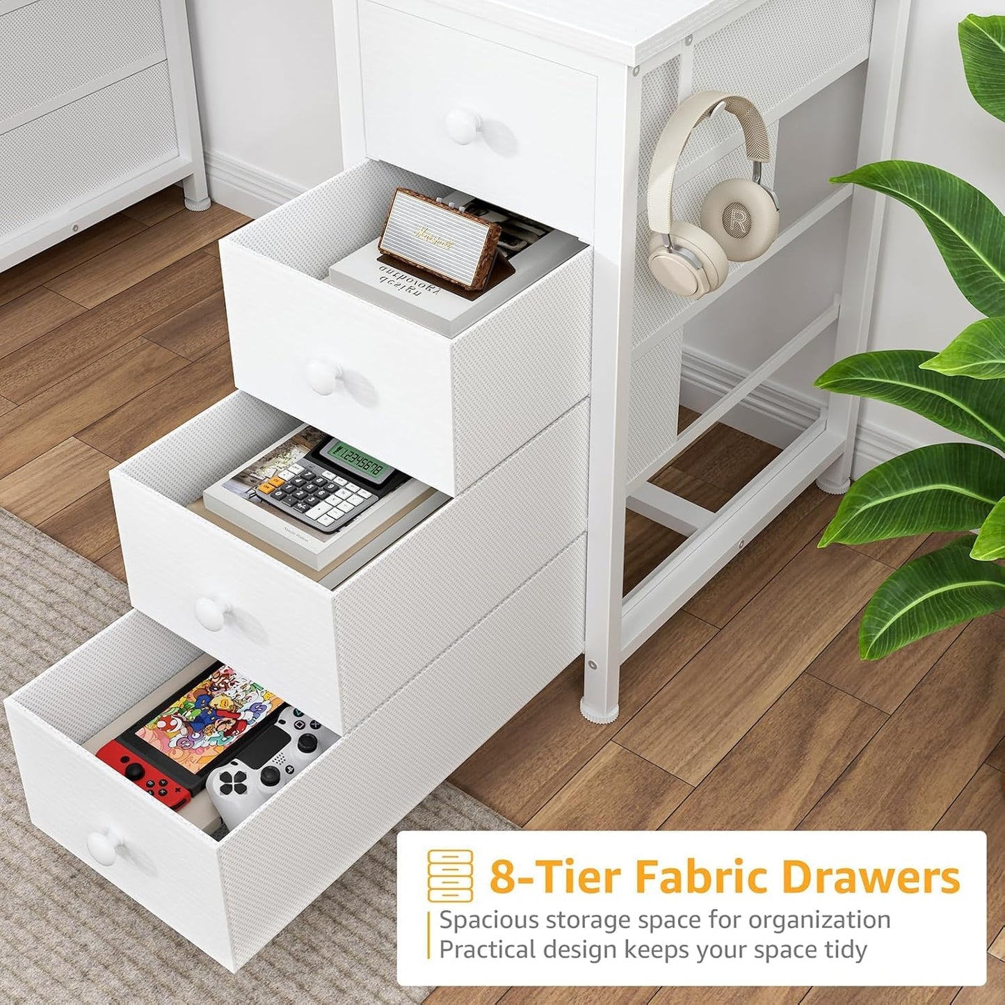 White Vanity Desk No Mirror - 47 Inch White Office Computer Desk with 8 Fabric Drawers on Both Sides for Girls, Makeup Work Writing Study Desks, Vanity Table No Mirror for Bedroom