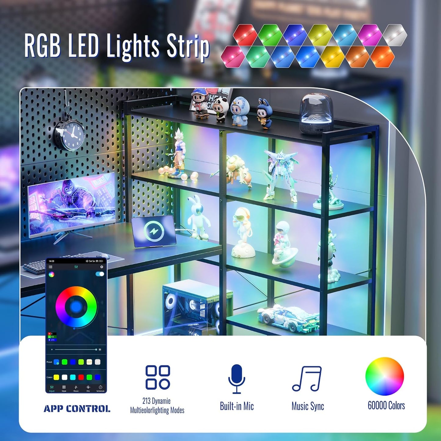 Pamray L Shaped Computer Desk with Reversible Side Storage Shelves, 49 Inch Gaming Desk with Power Outlets and Led Lights, PC Table for Home Office and Bedroom Black