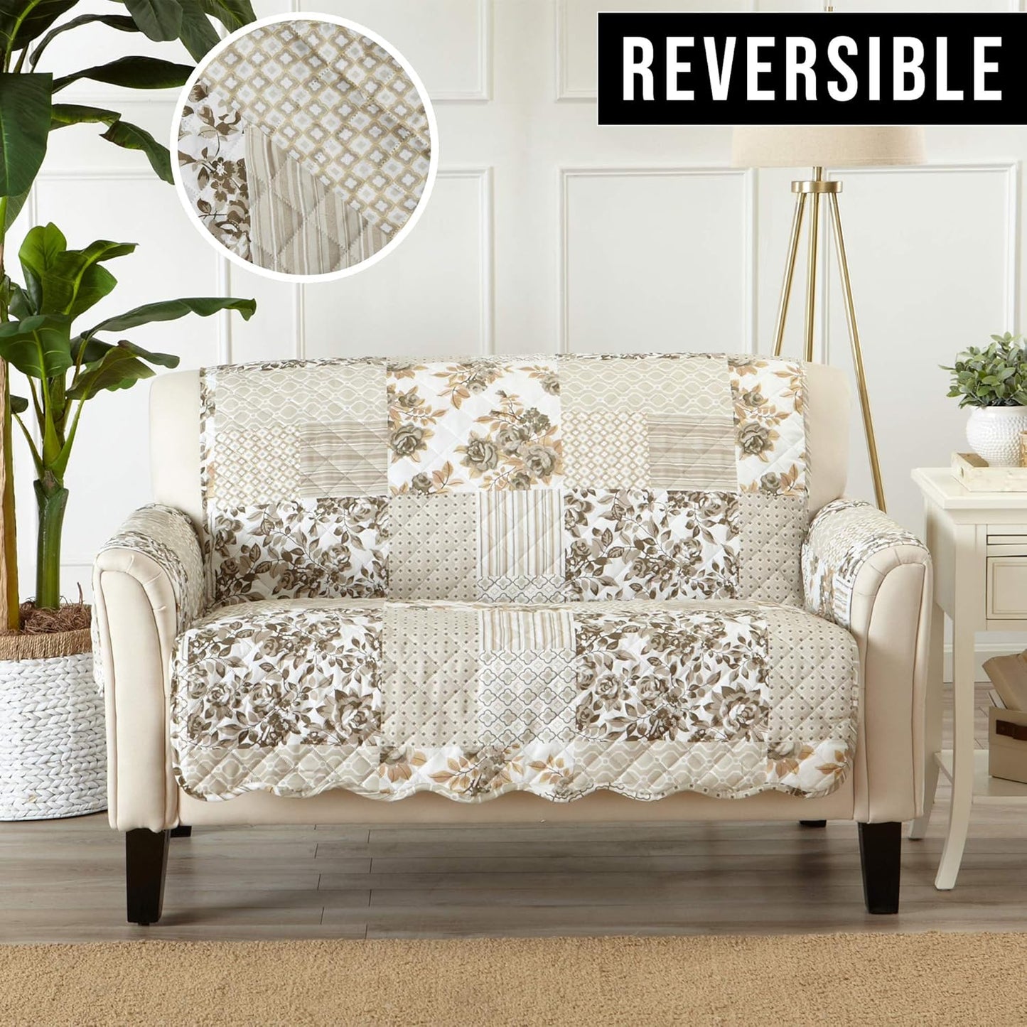 Great Bay Home Patchwork Scalloped Printed Furniture Protector Stain Resistant Loveseat Cover (Loveseat, Taupe)