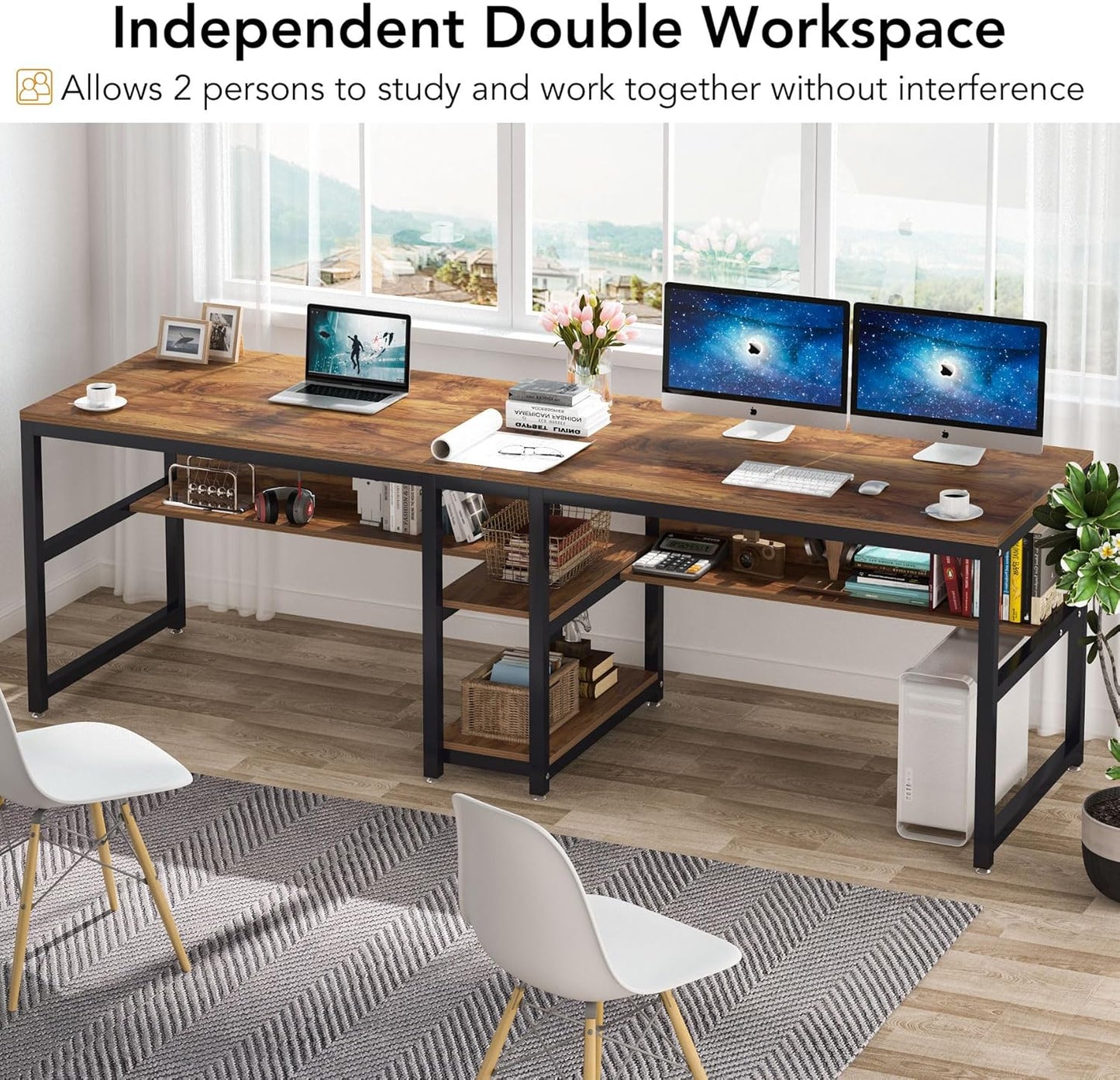 Tribesigns Two Person Desk with Bookshelf, 78.7 Computer Office Double Desk for Two Person, Rustic Writing Desk Workstation with Shelf for Home Office (Brown)