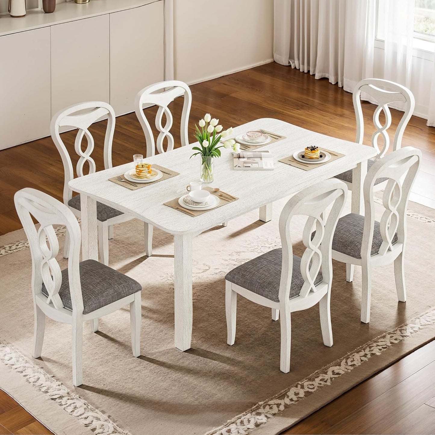 7-Piece Solid Wood Dining Table Set with 6 Upholstered Chairs - Easy Assembly Modern Design for Kitchen & Small Spaces, Durable Wooden Table and Chairs for Dining Room, Kitchen, Light Grey