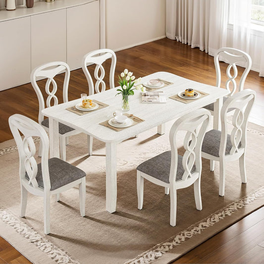 7-Piece Solid Wood Dining Table Set with 6 Upholstered Chairs - Easy Assembly Modern Design for Kitchen & Small Spaces, Durable Wooden Table and Chairs for Dining Room, Kitchen, Light Grey