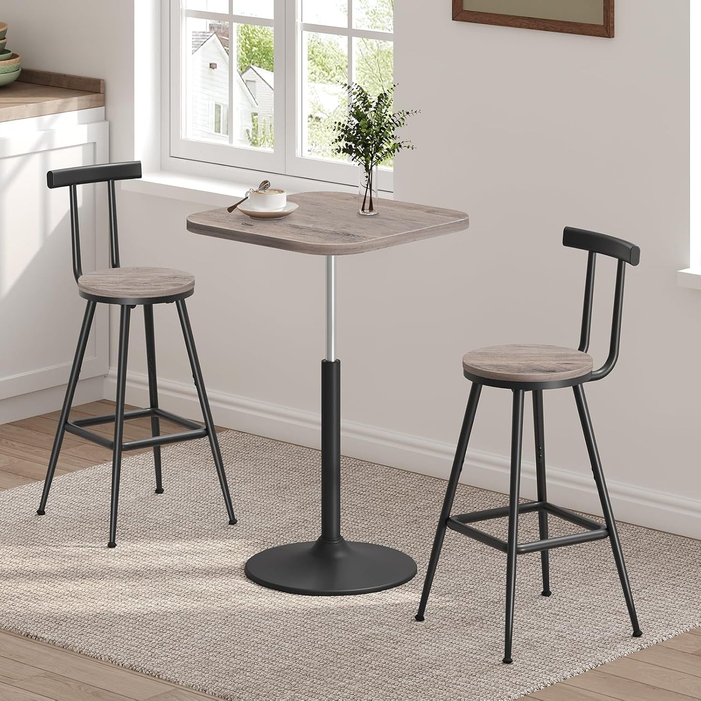 Bar Stools, Set of 2 Bar Chairs with Backrest and Footrest, 26" Tall Counter Stools, Metal Frame, Adjustable Feet, Easy Assembly, for Kitchen, Living Room, Pub, Greige BAHG6001