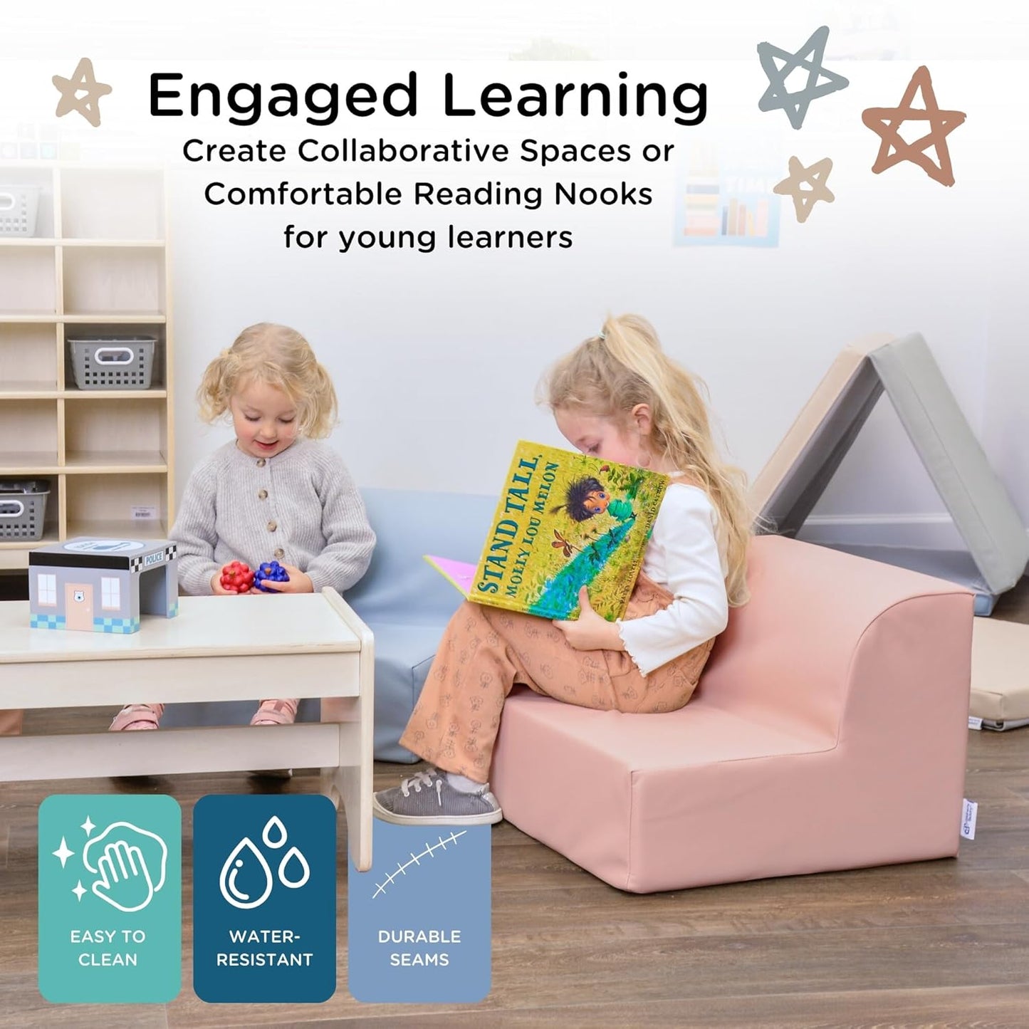 Children's Factory Library Lounger, Flexible Seating Classroom Furniture, Comfy Kids Chairs, Clay, Single Lounger