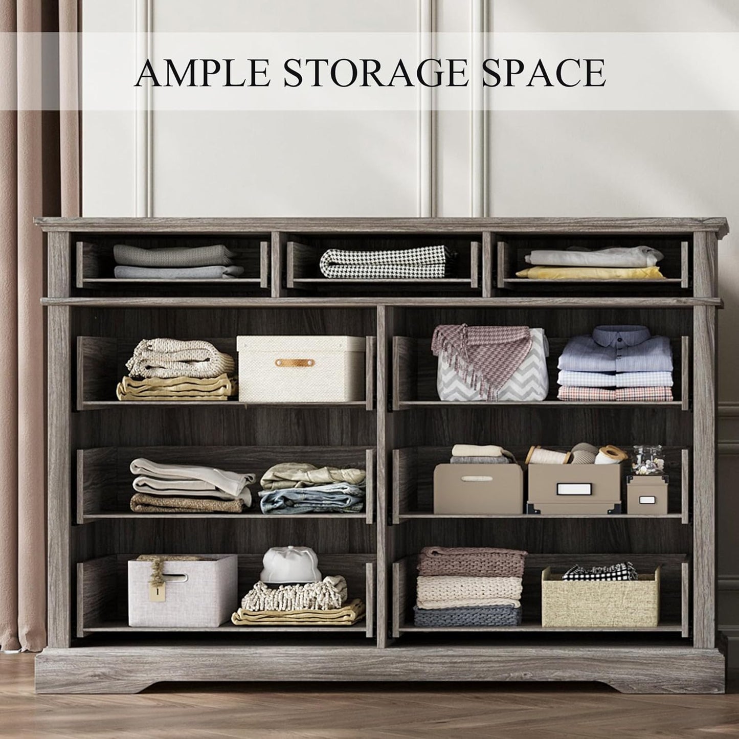 LINSY HOME Updated Dresser for Bedroom with 9 Drawers, Wide Chest of Drawers, Wooden Tall Bedroom Dresser, Storage Organizer for Closet, Living Room, Hallway, Grey