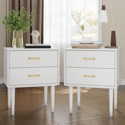Smart FENDE 26 inch Tall White Nightstand with 2 Drawers, Modern Night Stand Set of 2, Mid-Century Modern End Table, Wooden Bedside Table with Solid Wood Leg for Bedroom