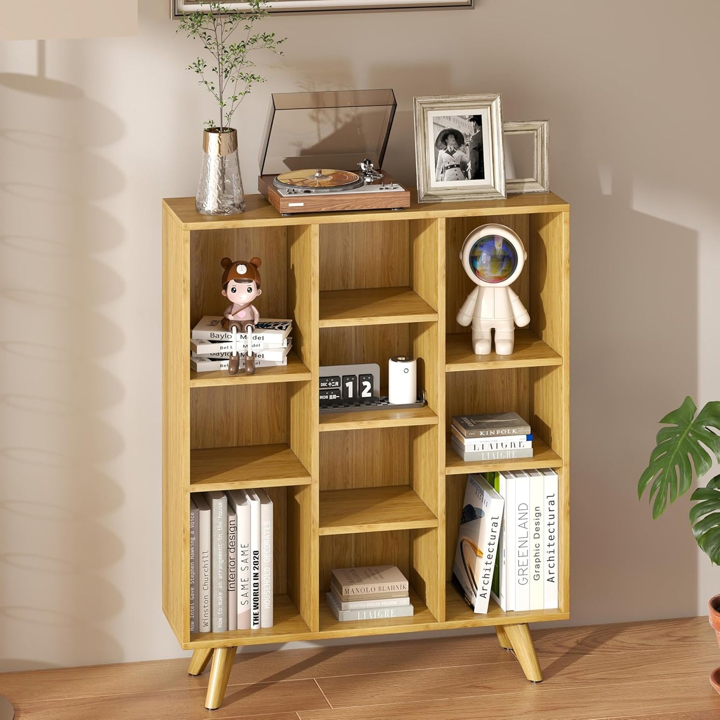 Manora Bookshelf with 10 Open Storage Cubes, Wooden Bookcase Organizer, Rustic Modern Display Shelf for Living Room, Bedroom, Office