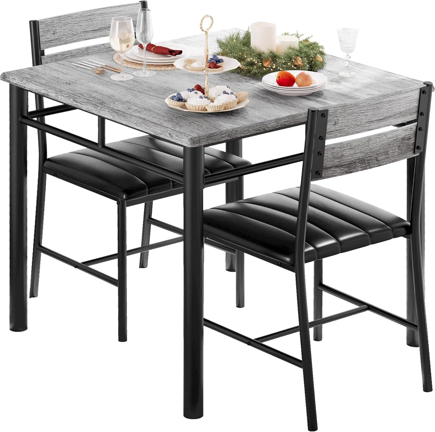 IRONCK Dining Table Set for 2, Small Kitchen Table with Upholstered Chairs for Kitchen & Dining Room, Compact Dining Set for Small Spaces, Gray