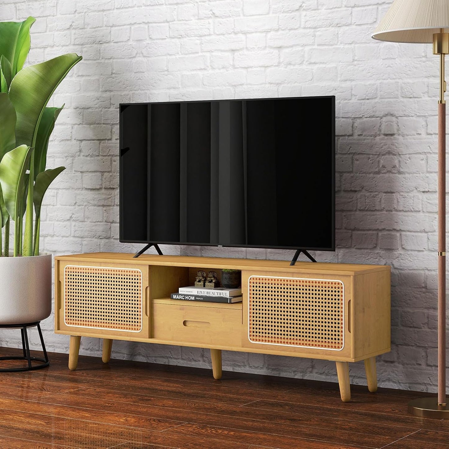 HollyHOME Bamboo TV Stand with Storage for TVs up to 65", Modern Entertainment Center with Rattan and Drawer, Accent TV Table with 2 Shelf, Media Console Cabinet for Living Room, Bedroom, Burlywood