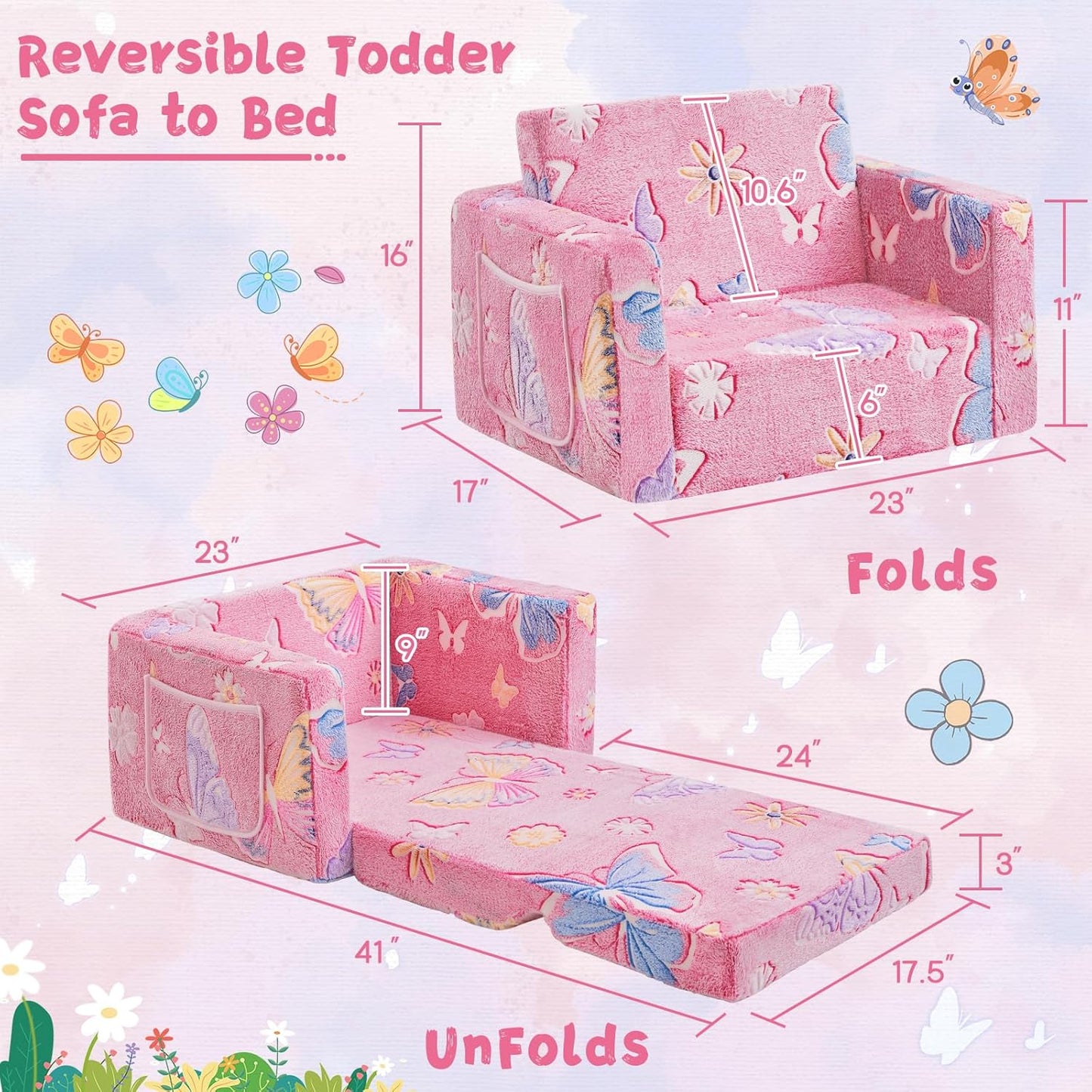 Toddler Chair Comfy,2-in-1 Soft Toddler Couch Fold Out for Kids,Convertible Sofa to Lounger,Gift for Girls and Boys Birthday,Butterfly