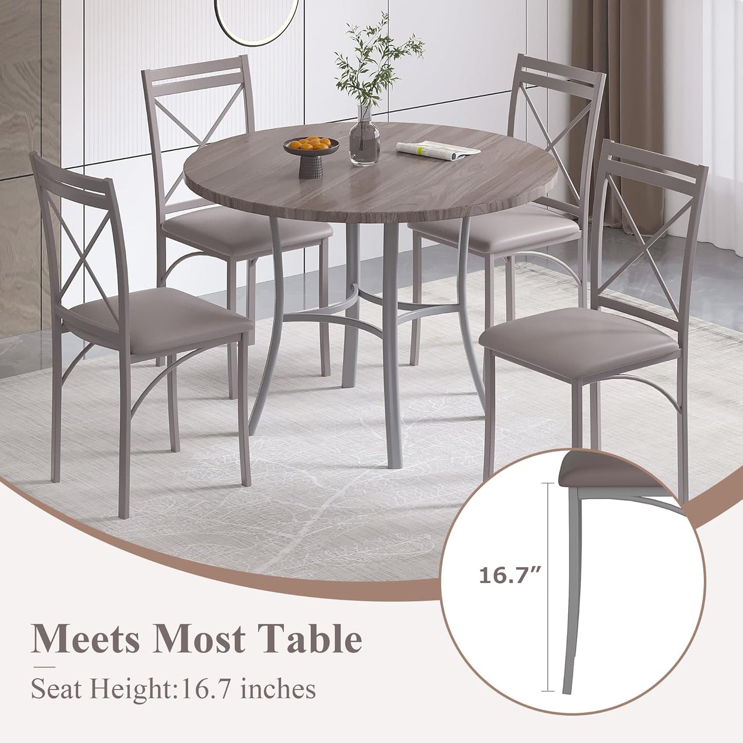 VECELO Metal Dining Chairs Set of 4, Steel Legs and PU Leather Cushion Seats for Kitchen, Living Room, Grey