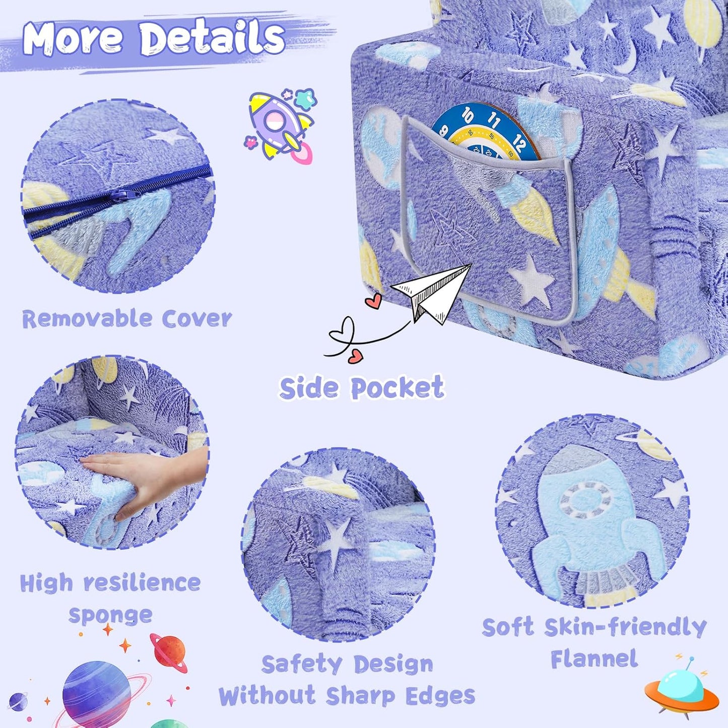 Toddler Chair Comfy,2-in-1 Soft Toddler Couch Fold Out for Kids,Convertible Sofa to Lounger,Gift for Girls and Boys Birthday,Universe