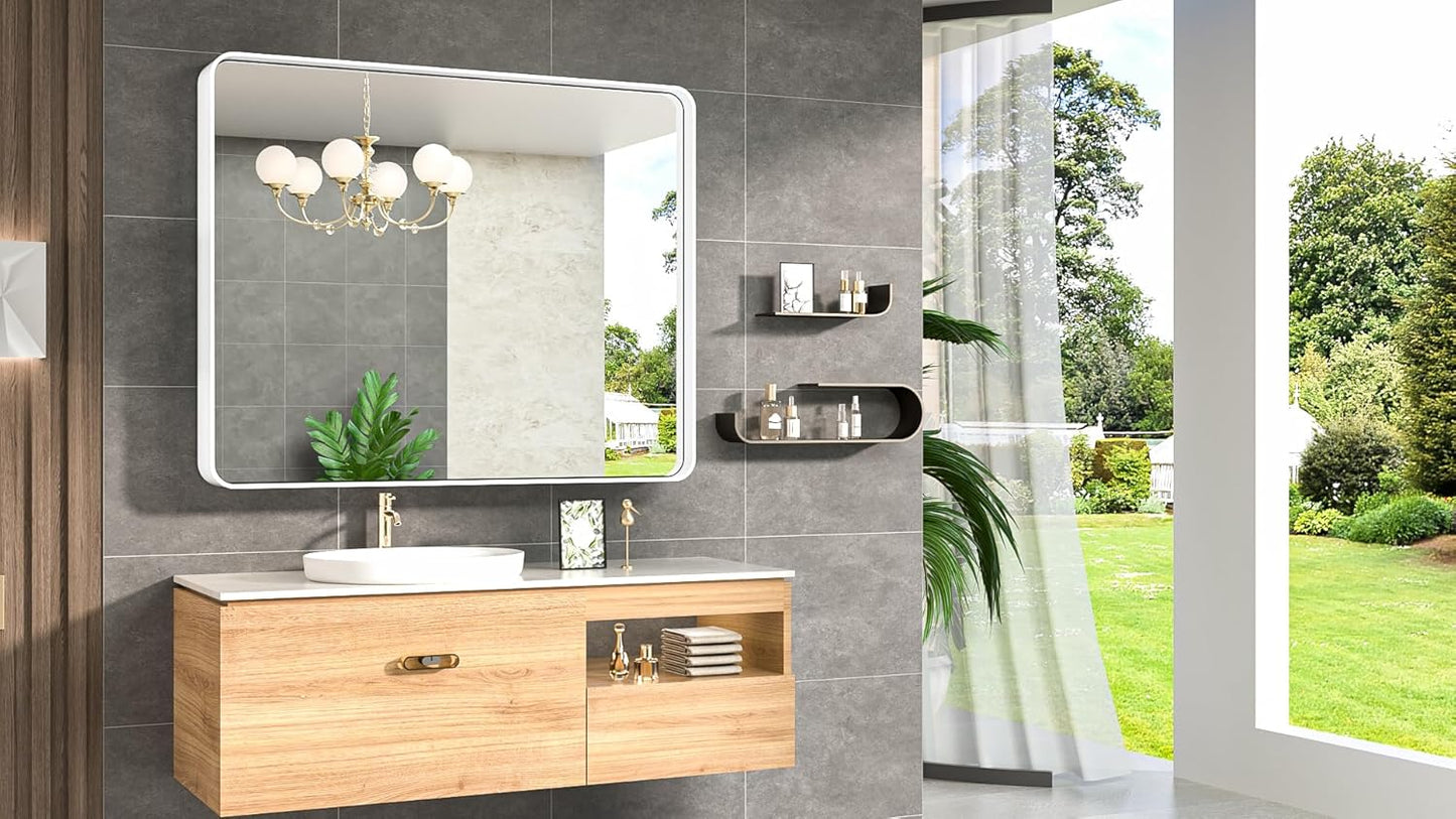 TokeShimi 42 x 36 Inch Bathroom Mirror White Vanity Wall Mirror with Metal Frame Aluminum Alloy Rounded Corner for Modern Farmhouse Wall Decor 1”Deep Set Design (Horizontal/Vertical)