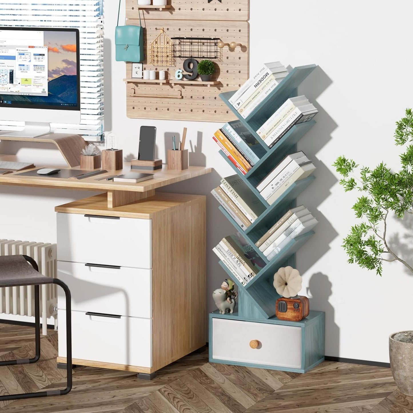 8 Tier Tree Bookshelf with Drawer, Free Standing Wood Bookcase for Narrow Space, Storage Organizer Bookshelves for Books, Book Case for Home Office, Living Room, Bedroom, Navy Blue