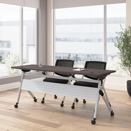 Bush Business Furniture Folding Training Table Set for 2, 72 inch, 2 Mesh Back Folding Chairs with Arms, Commercial-Grade Bundle for Office or Classroom, Envision Collection, Gray