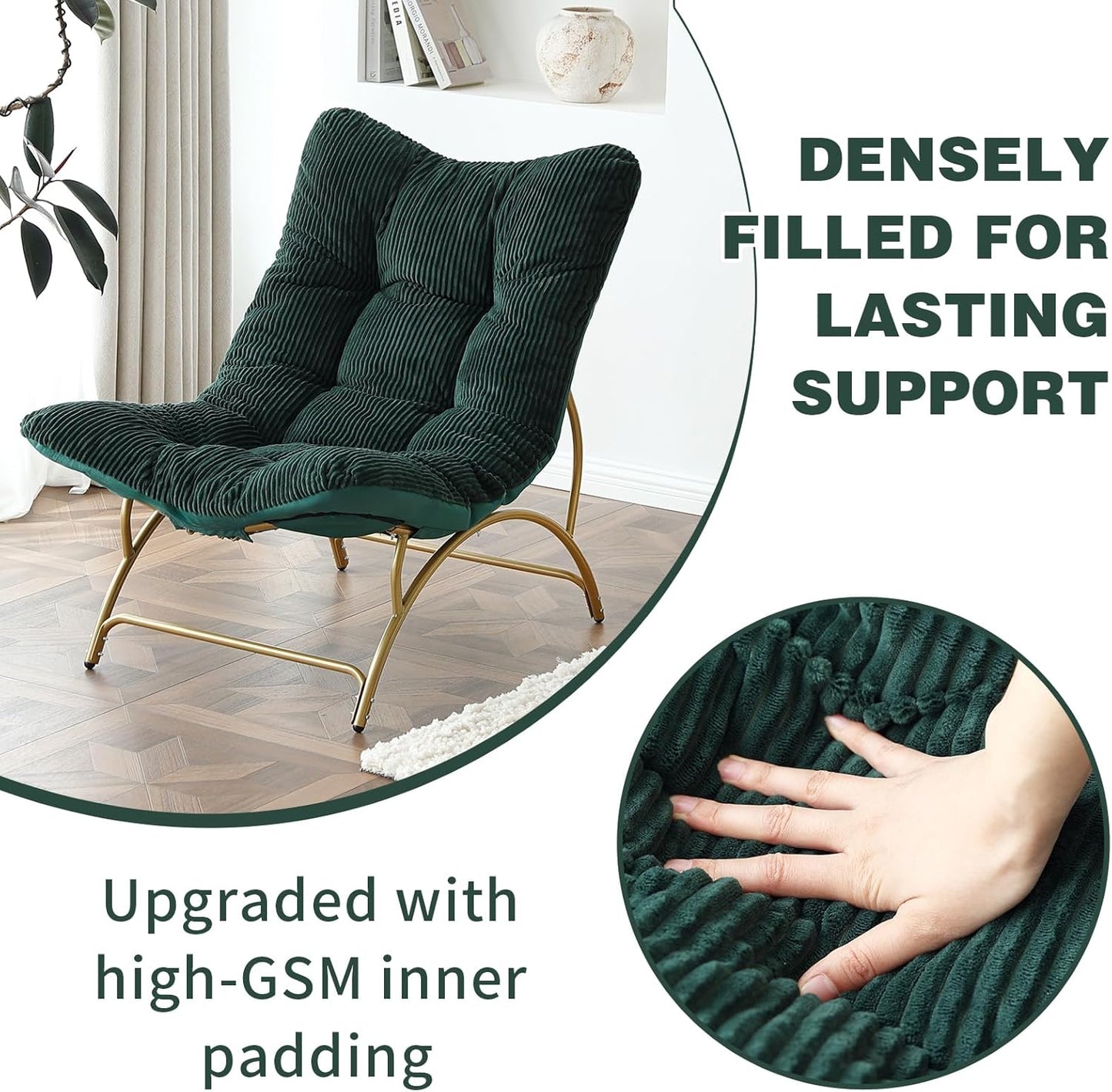 Welnow Accent Lounge Lazy Chair, Comfy Soft Leisure Metal Frame Reading Chair, Upholstered Thick Cushion Seated Recliner Sofa for Living Room, Bedroom, Dorm, Dark Green