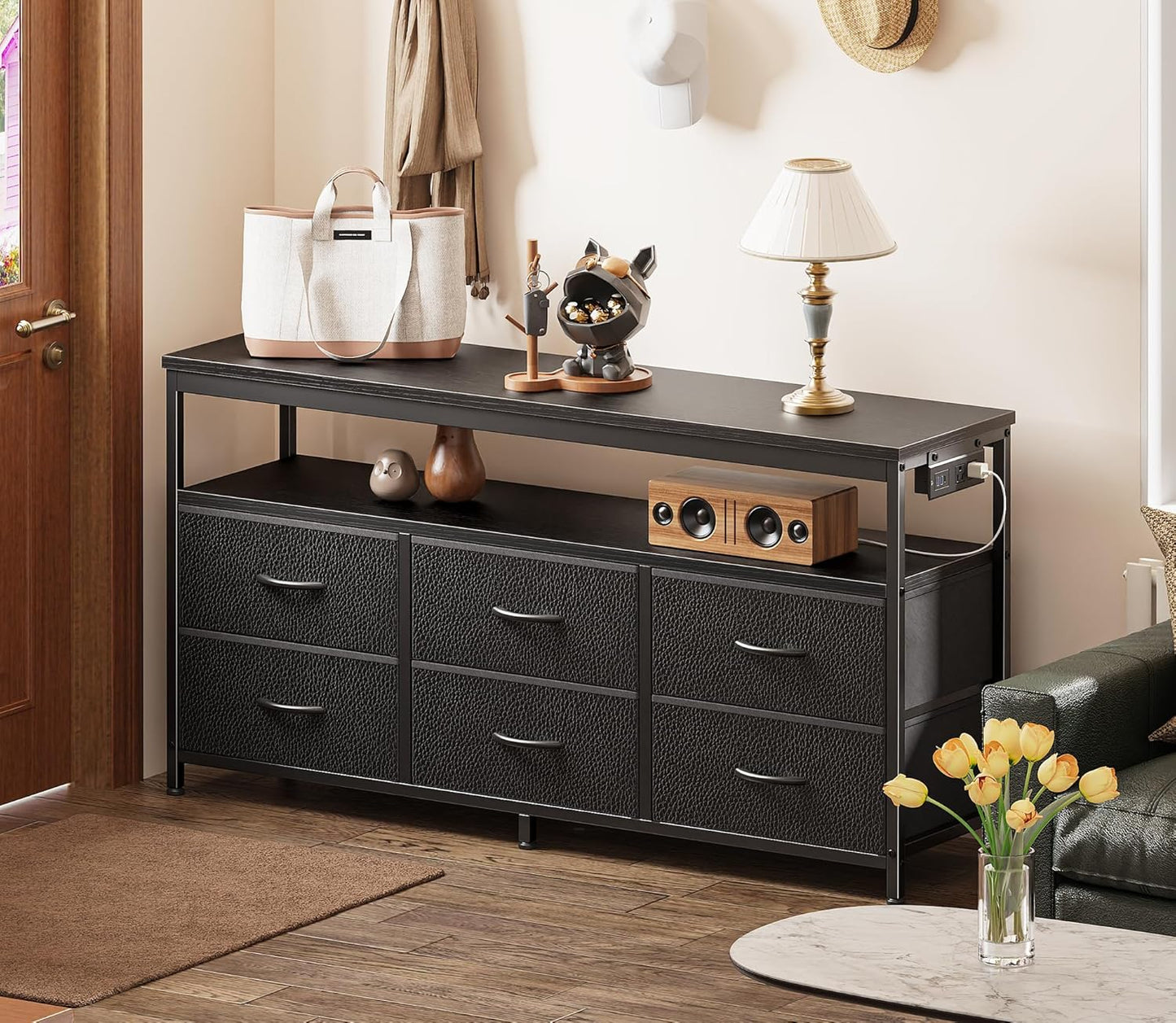 Huuger LED TV Stand for Bedroom, 47 Inch Dresser TV Stand for 43, 50, 55 Inch TV, Black TV Stand with Storage, Entertainment Center with Power Outlets, 6 Drawer Fabric Dresser for Living Room