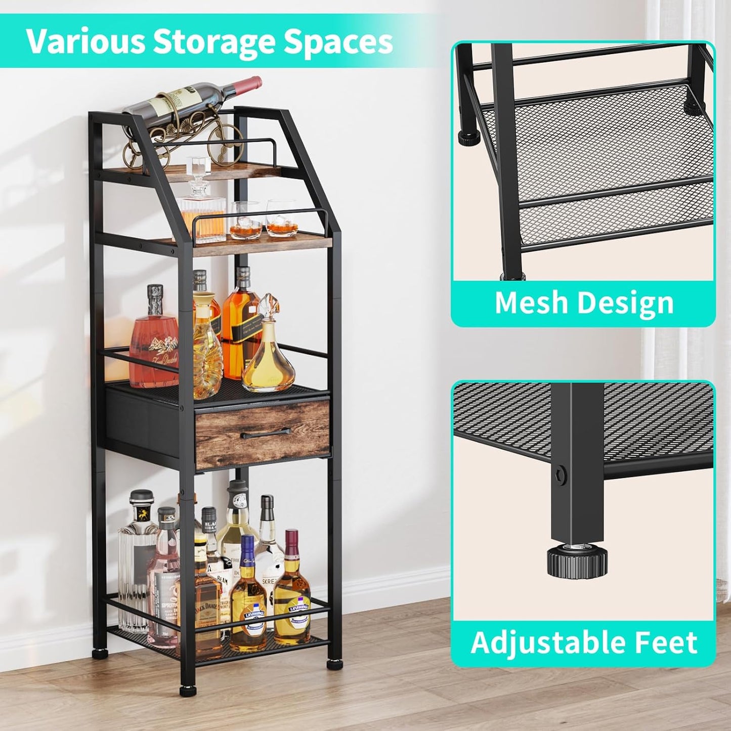 HapiRm Wine Rack Freestanding Floor - 4-Tier Stepped Liquor Cabinet Bar Stand for Home with Fabric Drawer, Wine & Glass Organizer for Living Room, Kitchen, or Dining Room