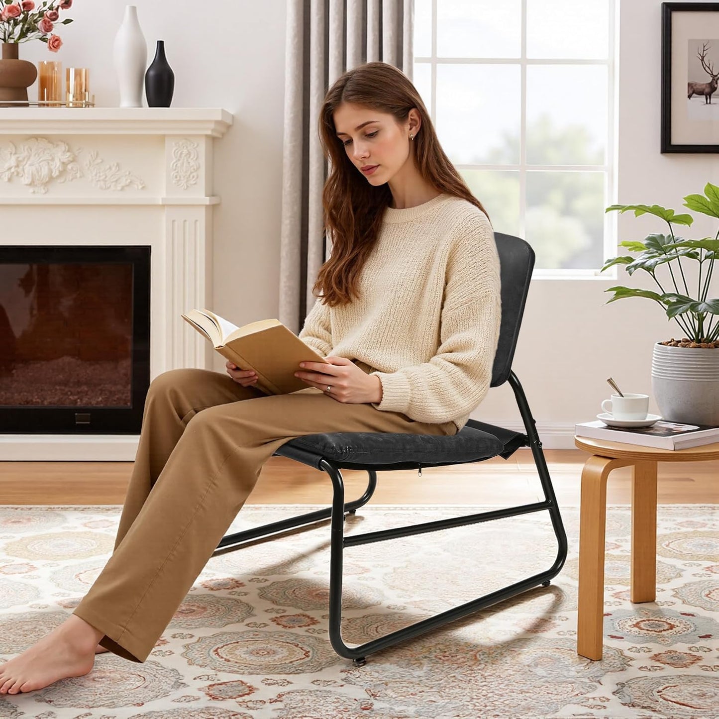 DAICO Modern Accent Chair Comfy Living Room Chair Armless Sling Accent Chairs Upholstered Side Sitting Chairs with Metal Frame for Office Reception Reading Bedroom Waiting Room, Black