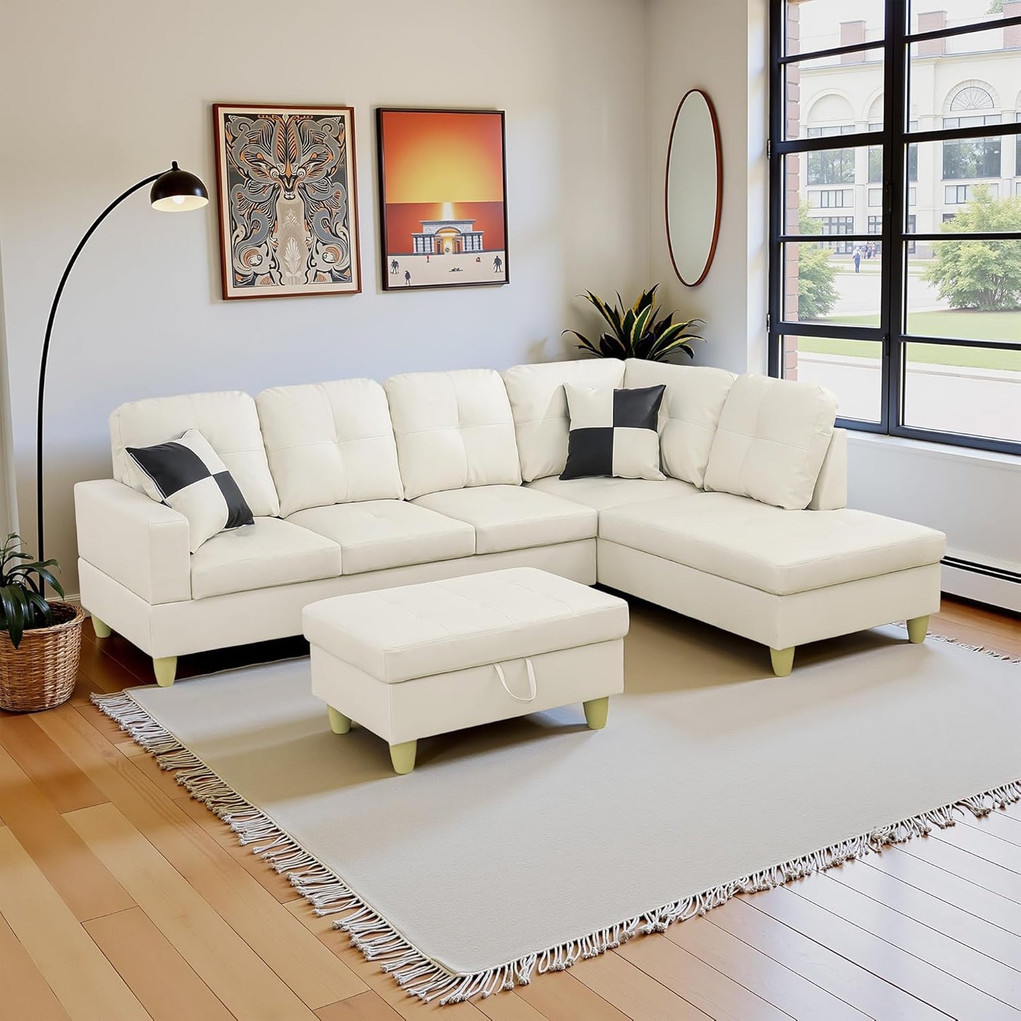 Couches for Living Room Faux Leather L Shaped Couch Comfy 3 Pieces Sectional Sofa with Chaise, Ottoman with Storage for Office and Small Apartment, White