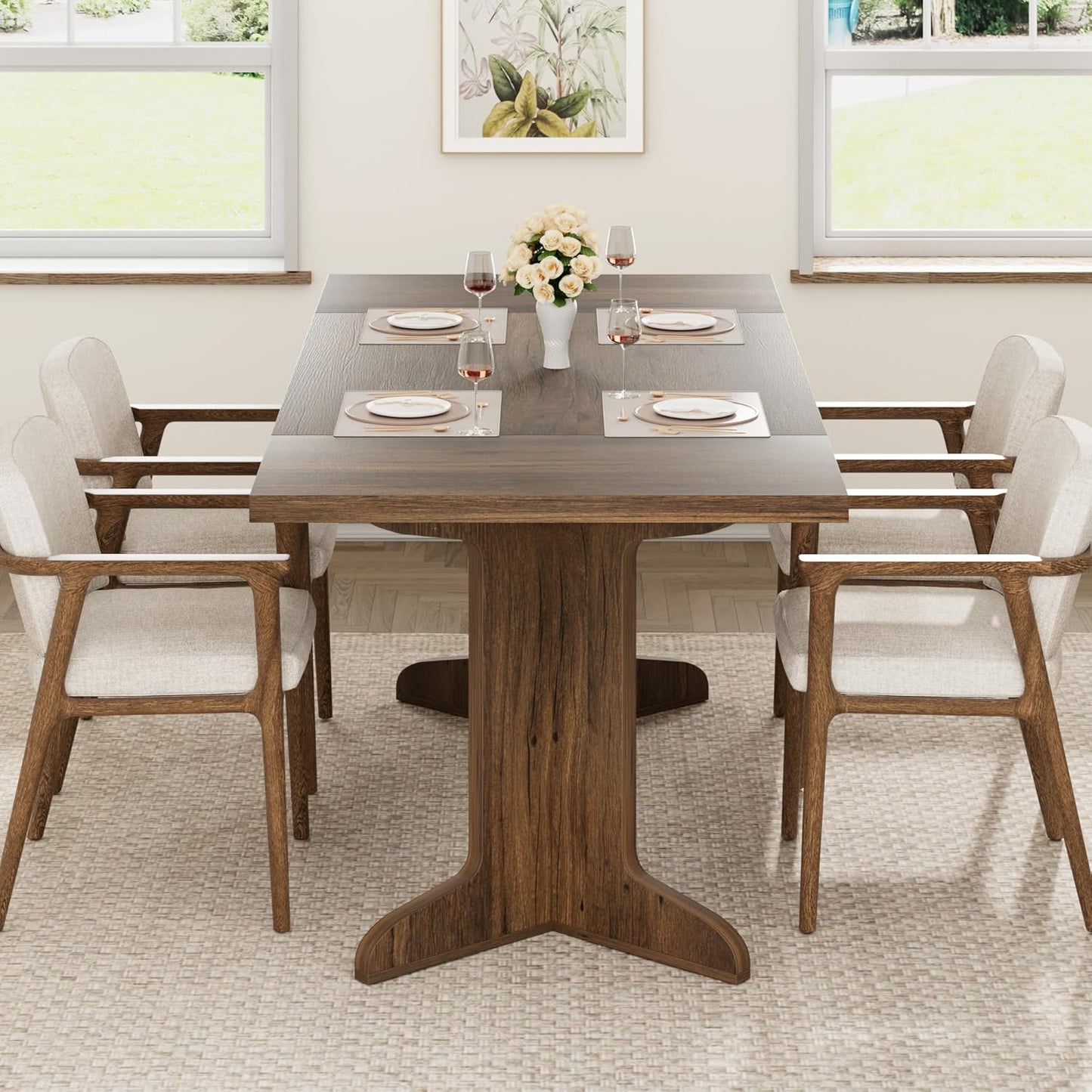 71" Dining Table for 6 to 8 People, Modern Dinner Table with Unique Wooden Legs, Rectangle Dining Table for Kitchen, Dining Room & Living Room, Walnut