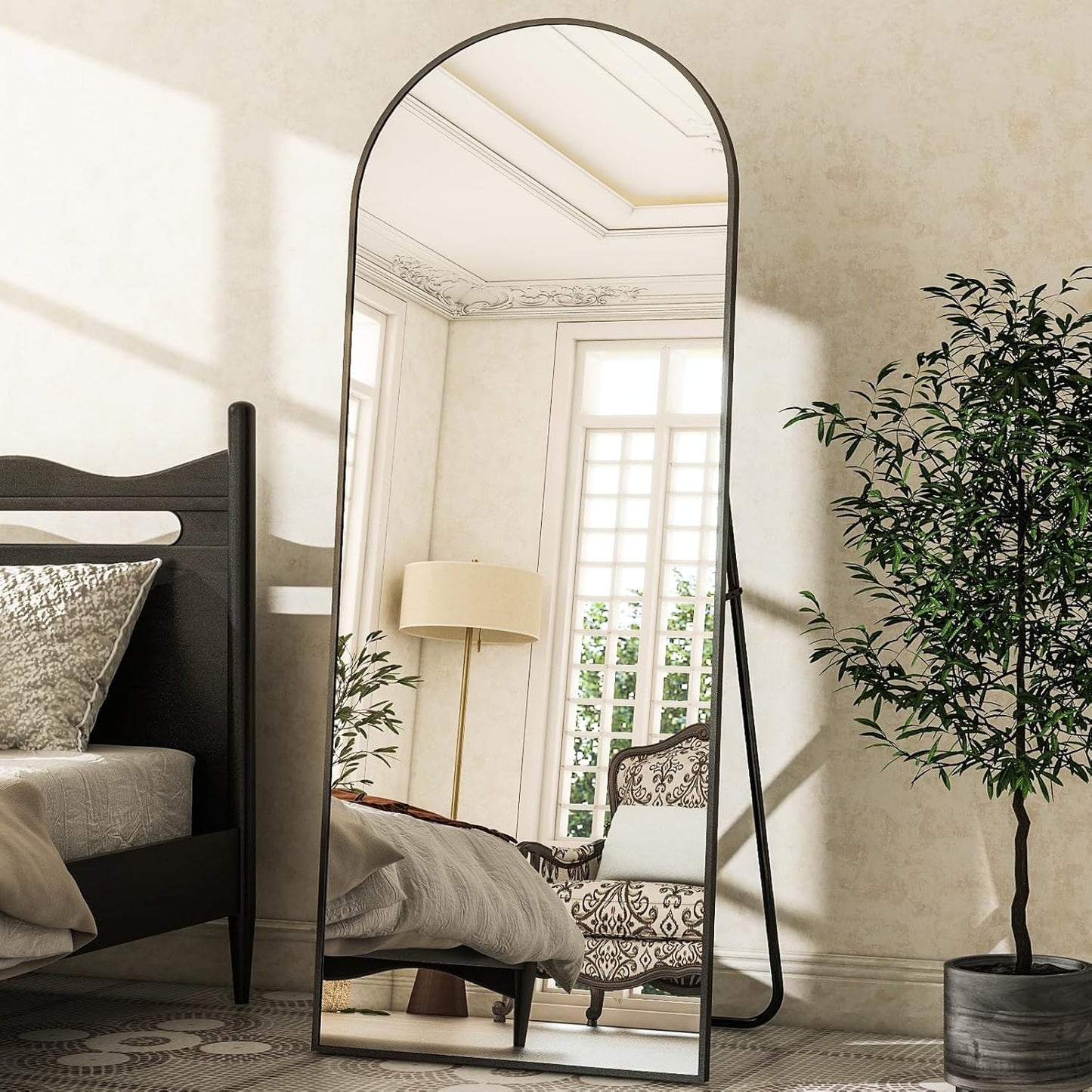 Arched Full Length Mirror, 64" x 21" Arch Floor Mirror with Stand, Full Length Wall Mirror Hanging or Leaning Arched-Top Full Body with Stand for Bedroom, Dressing Room, Black