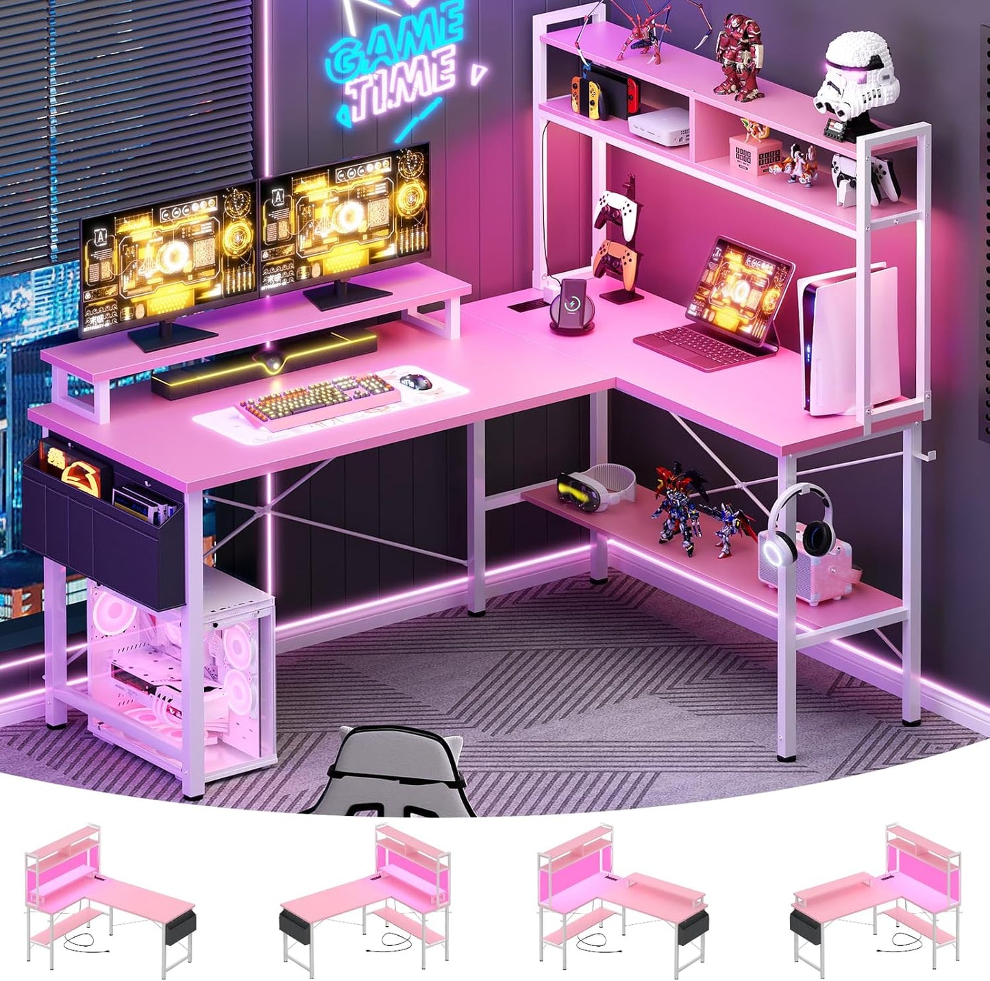 Aheaplus L Shaped Gaming Desk with Power Outlets & LED Lights, Small L- Shaped Desk Computer Corner Desk with Monitor Stand & Storage Shelf, Home Office Desk Writing Desk with Storage Bag, Pink
